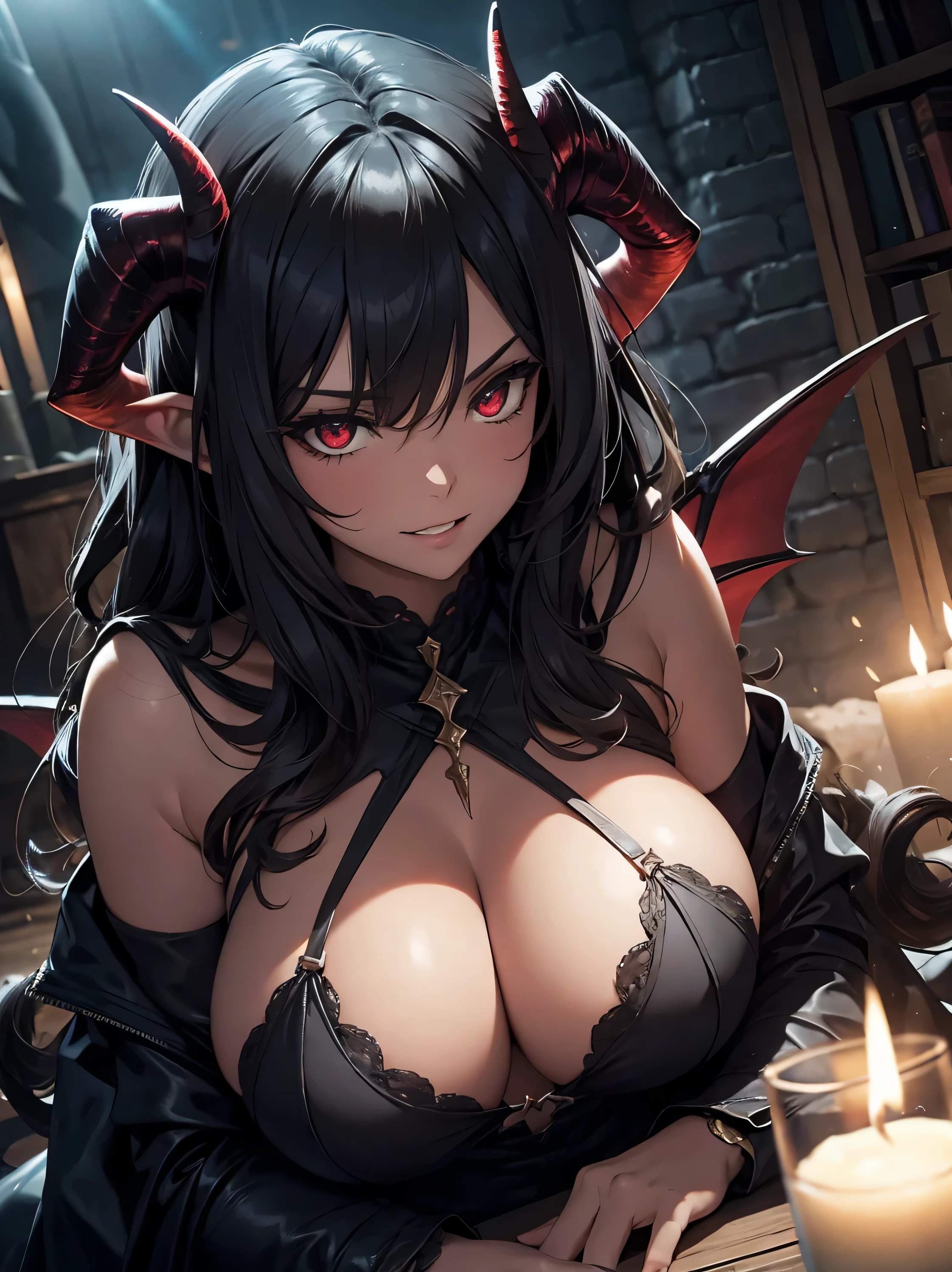 Fantasy, night, 4k, high detailed, Cinematic scene and lighting, a voluptuous succubus with horns and curvy body, in the wide dark stone hall, heavy Iron chains wrapped around her body, lying down on the ground, twisting in lust, spreading legs, evil smirk, showing teeth, red eyes, shot from above her, top down, wide angle lens