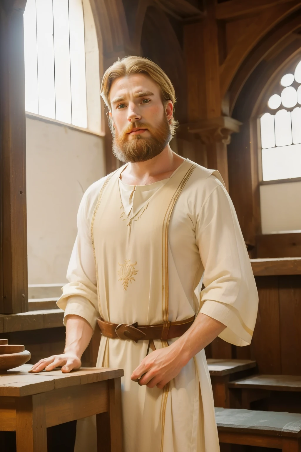 1137, Kingsbridge, England. otherworldly scene in a medieval cloister, ((((36-year-old)) bearded Chris Evans)), cabinetmaker, woodwork, woodcarving, artist, bench, ((((poor plain tunic from the 12th century)))), ((Hairstyle of the 12th century)), ((Wes Anderson cinematic style)), colorful