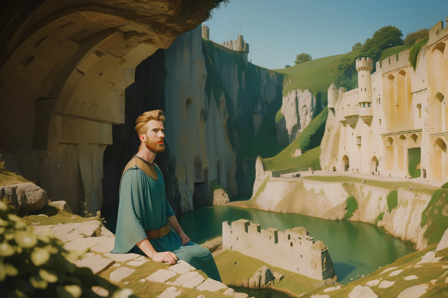 1137, Earlcastle, England. otherworldly scene in a medieval quarry, ((((36-year-old)) bearded Chris Evans)), looking ar the quarry where people work on rock extraction, ((((poor plain tunic from the 12th century)))), ((Hairstyle of the 12th century)), ((Wes Anderson cinematic style)), colorful