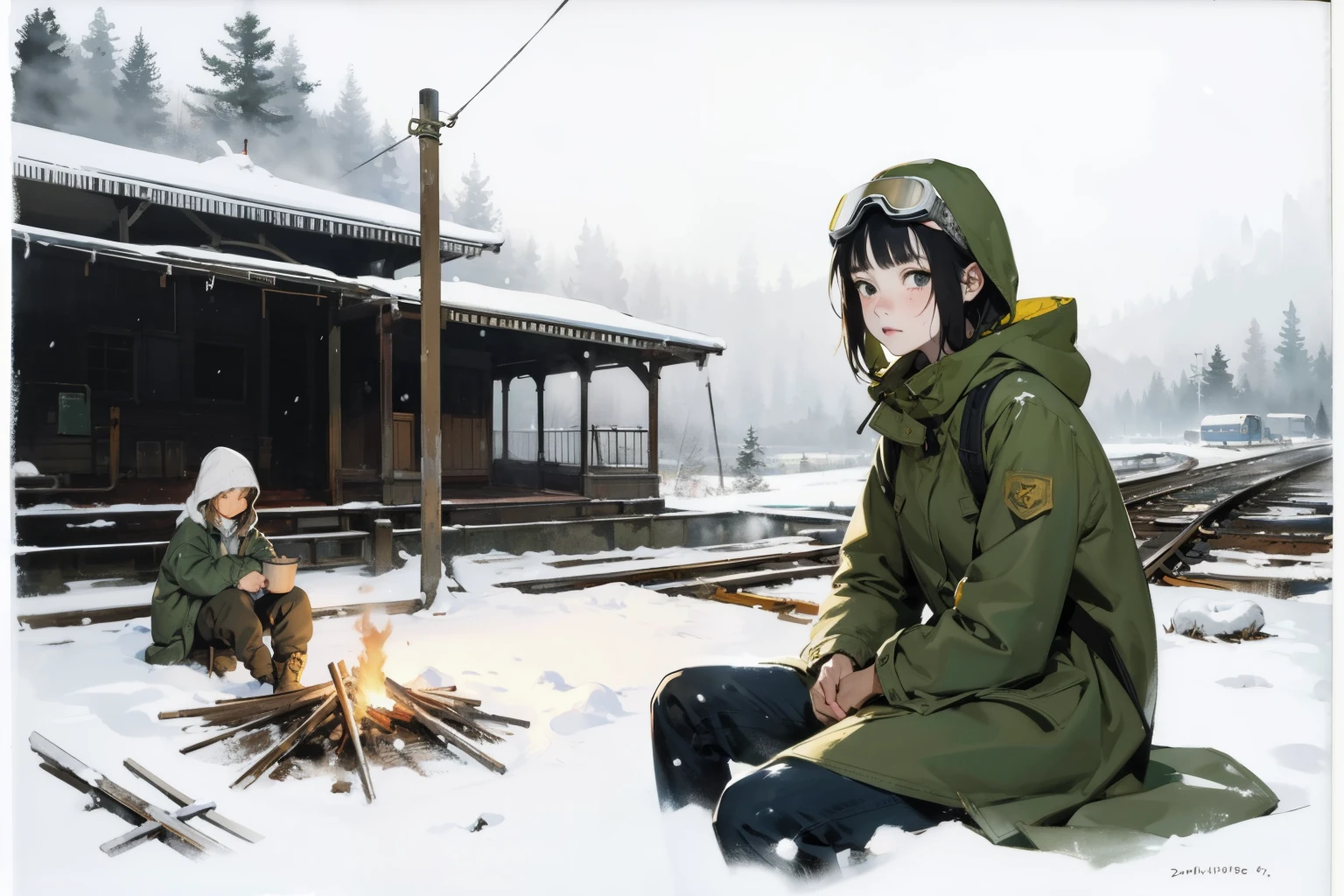 masterpiece, best quality, 2girls, (closeup), (capmfire), 18yo , slim, small breast, sitting on floor, around the campfire, sad, tired, dirty face, green raincoat, hoods on, goggles on head, (backpacks), military pants, train station, abandoned trains, desolate, ruins, night, dark, heavy snowhall, (snowfall:1.1), snow, winter, dirt, grey, watercolor