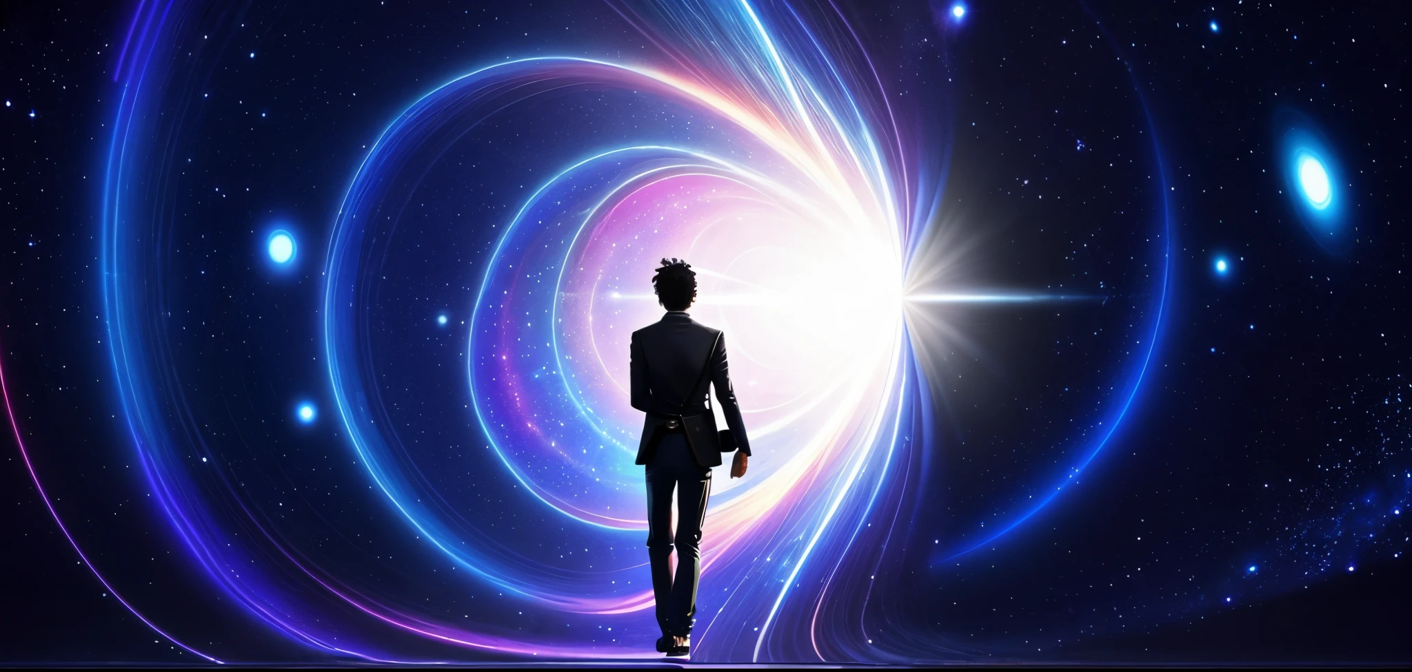 There's a man walking through a galaxy with a suitcase, Viagem Astral, Entering a Quantum Wormhole, open portal to another dimension, no plano astral ) ) ), viajando para um buraco negro, viagem no tempo, liminal space in outer space!!!, Abrindo um portal brilhante, Wormholes, spirits coming out of portal, teletransporte, astral projection, viajantes do tempo