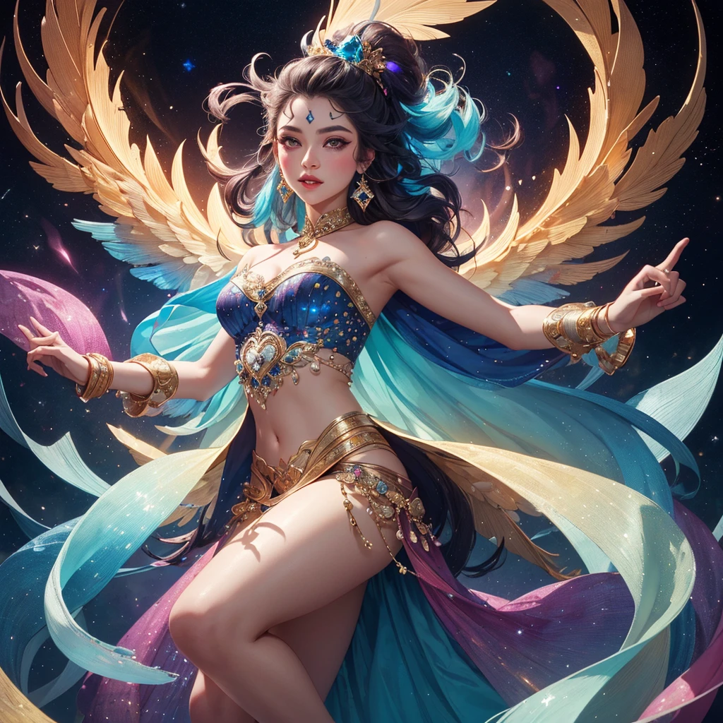 gypsy girl does a mesmerising dance, Gemstone iridescence, lustrous, magnificent, ornate bismouth, colorful, elaborate, beautiful cinematography, sparkling, 8k resolution holographic astral cosmic illustration mixed media background by Lobsang Melendez Ahuanari