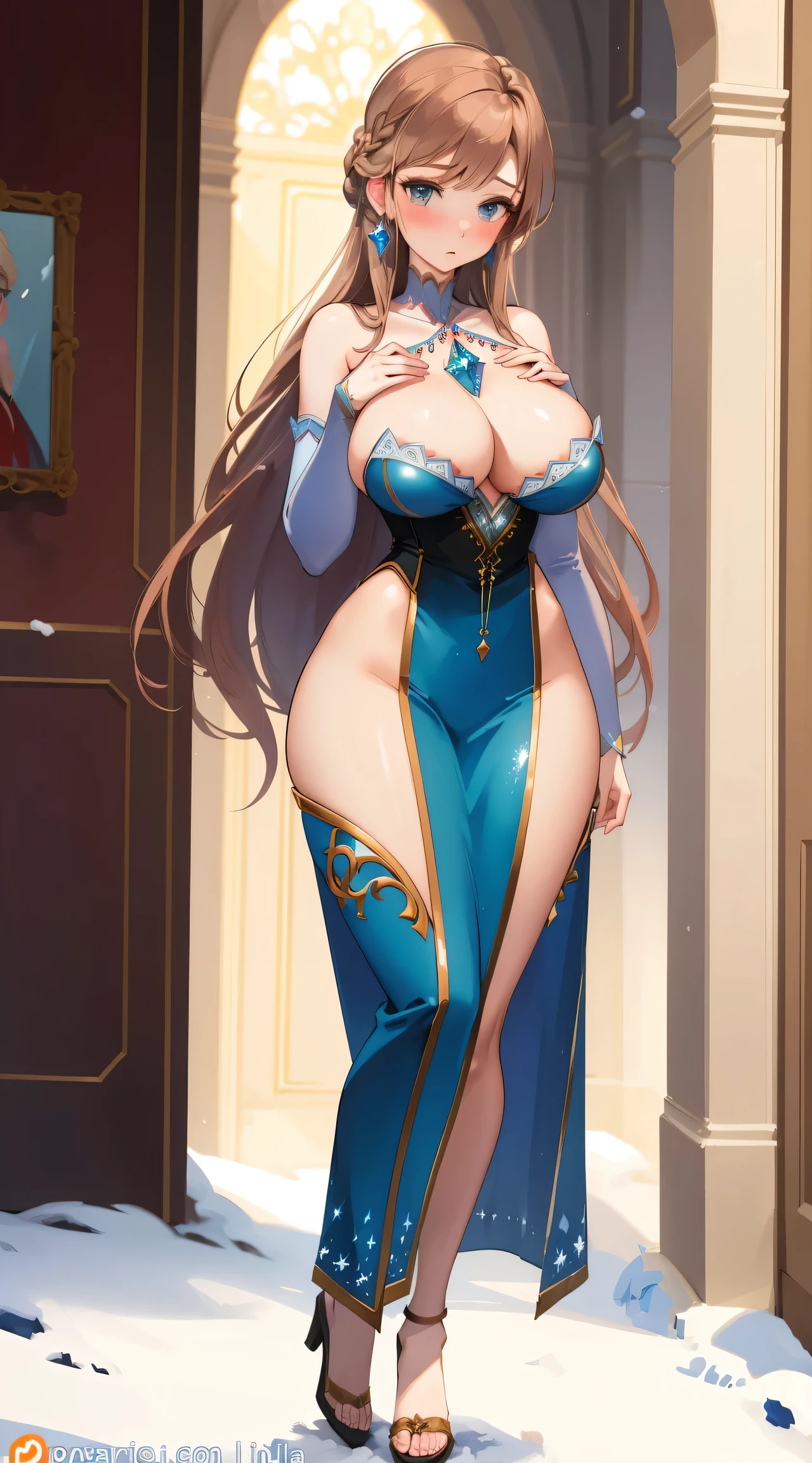 woman, ((Masterpiece, best quality)), full body view, sexy, bursting huge breasts, detailed skin, Anna from Frozen, highly detailed, cinematic lighting, ultra realistic, blush, looking at viewer, anna, anna from frozen, princess, disney, brown hair, long hair, portrait, large breasts, wide hips, full body view, tall, explicit nudity