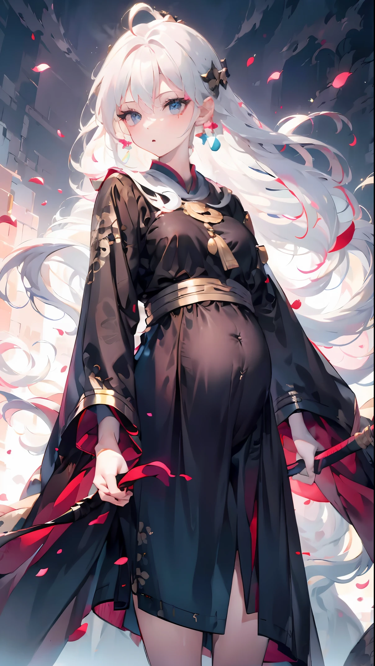 Golden hairpin, white ash hair, black shirt, white skirt, (black cloak:1.2), pale face, sweating, heavy breath, blushing, pregnancy  dresest quality:1.2), ultra-detailed,realistic ,portraits, vivid colors, soft lighting, interesting PoV, stocking, straight hair, pregnant, Pregnant  belly, anime girl, solo girl, light blue eye,