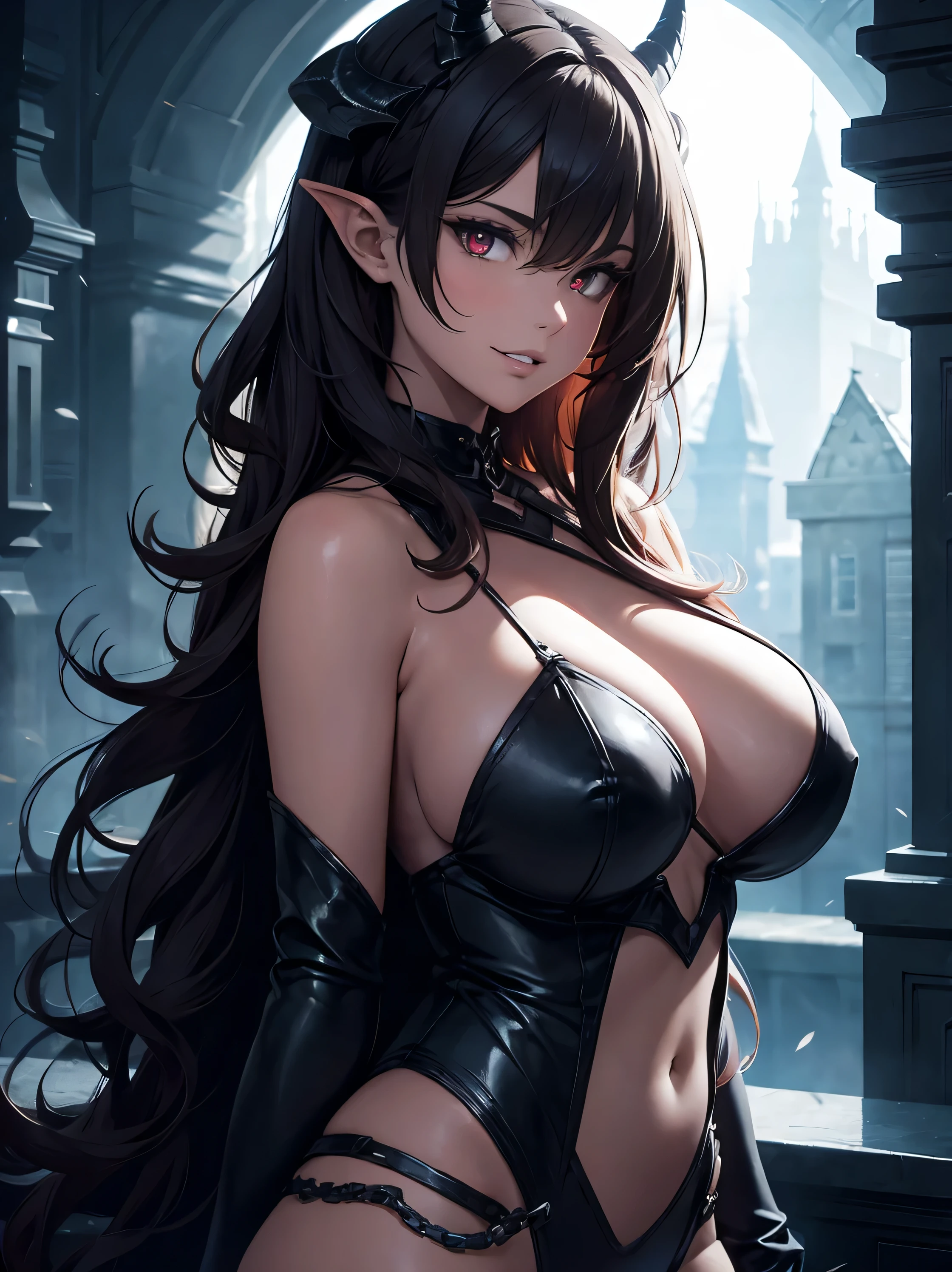 Fantasy, night, 4k, high detailed, Cinematic scene and lighting, a voluptuous succubus with horns and curvy body, in the wide dark stone hall, heavy Iron chains, flying high in the air, evil smirk, showing teeth, light shines from behind the succubus, illuminating her Silhouette, red eyes, whole body is visible, shot from below, wide angle lens