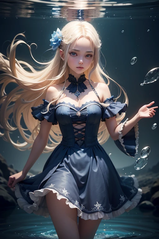 One character is a girl. The figure is full-length, standing half-turned, looking at the viewer. White skin, light long straight hair, waist length hair. Pleasant, pretty, sexy, slanted fox eyes, sweet smile. Magic in the hands, creates a water whirlwind, water sprites, in a circular motion, a water whirlpool in the hands. The magic of water. She is dressed in a blue lace dress, very short, moving to the rhythm of movement. Flowers, water, movement in a circle, one figure of a girl in the center., 02_ Atmosphere of the sea element, in blue tones, flowers, water, girl. High image quality. Wide format FUL HD. High detail, textures, fabrics, flowers, water, body, code, hair. Detailed, beautiful face. Sea light, reflection, refraction. Squeak, starfish, seabed. Unreal Engine, Cinematic 3D rendering. Epic character., blonde hair, hair flower, hair ornament, hair bobbles, x hair ornament, mole under eye, symbol-shaped pupils, sparkling eyes, Surrealism, Art Deco, high detail, Gothic art, depth of field, chiaroscuro, cinematic lighting, ray tracing, reflection light, backlighting, bloom, retina, masterpiece, ccurate, anatomically correct, textured skin, super detail, high details, high quality, award winning, 8k
