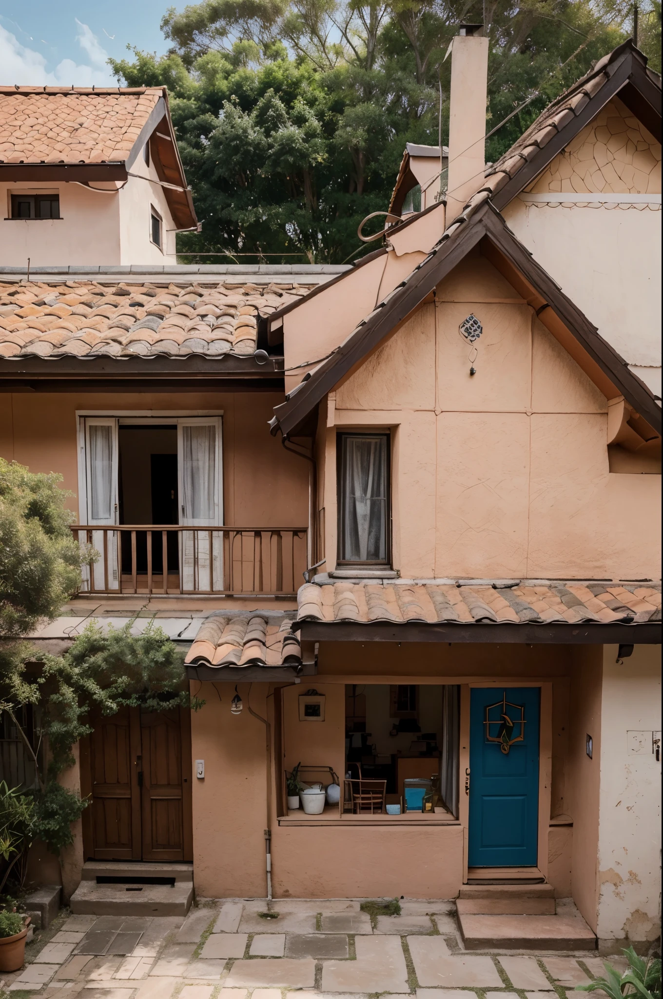 Criar desenho simples infantil. With a house almost taking over the scenery with a bank roof, brown windows with blue glass, porta marrom com vidros azuis uma menina ao lado da porta do lado de fora regando plantinhas no vaso de plantas , the house contains a chimney emitting smoke and a bird flying above the house. The girl wears an orange dress in the predominant color orange and the rest light pink and wears a light pink hat with a dark pink bow