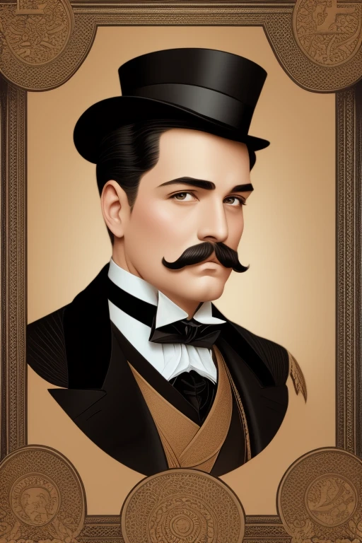 there is a poster of a man with a mustache and a top hat, vector art inspired by Frank Xavier Leyendecker, tumblr, art nouveau, top hat and luxurious moustache, wear an elegant mustach, epic and classy portrait, dignified aristocrat, gentleman, steampunk male portrait, in style of digital illustration, leyendecker style, art deco portrait