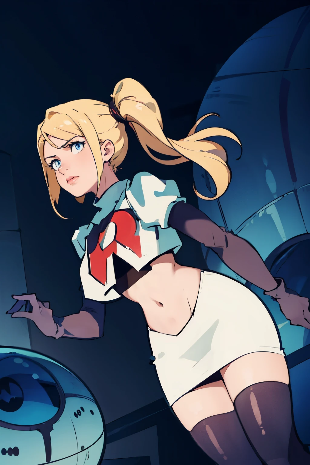 samus aran, ponytail, hair tie, team rocket, team rocket uniform, red letter R, white skirt, white crop top, black thigh-highs, black elbow gloves, spaceship background