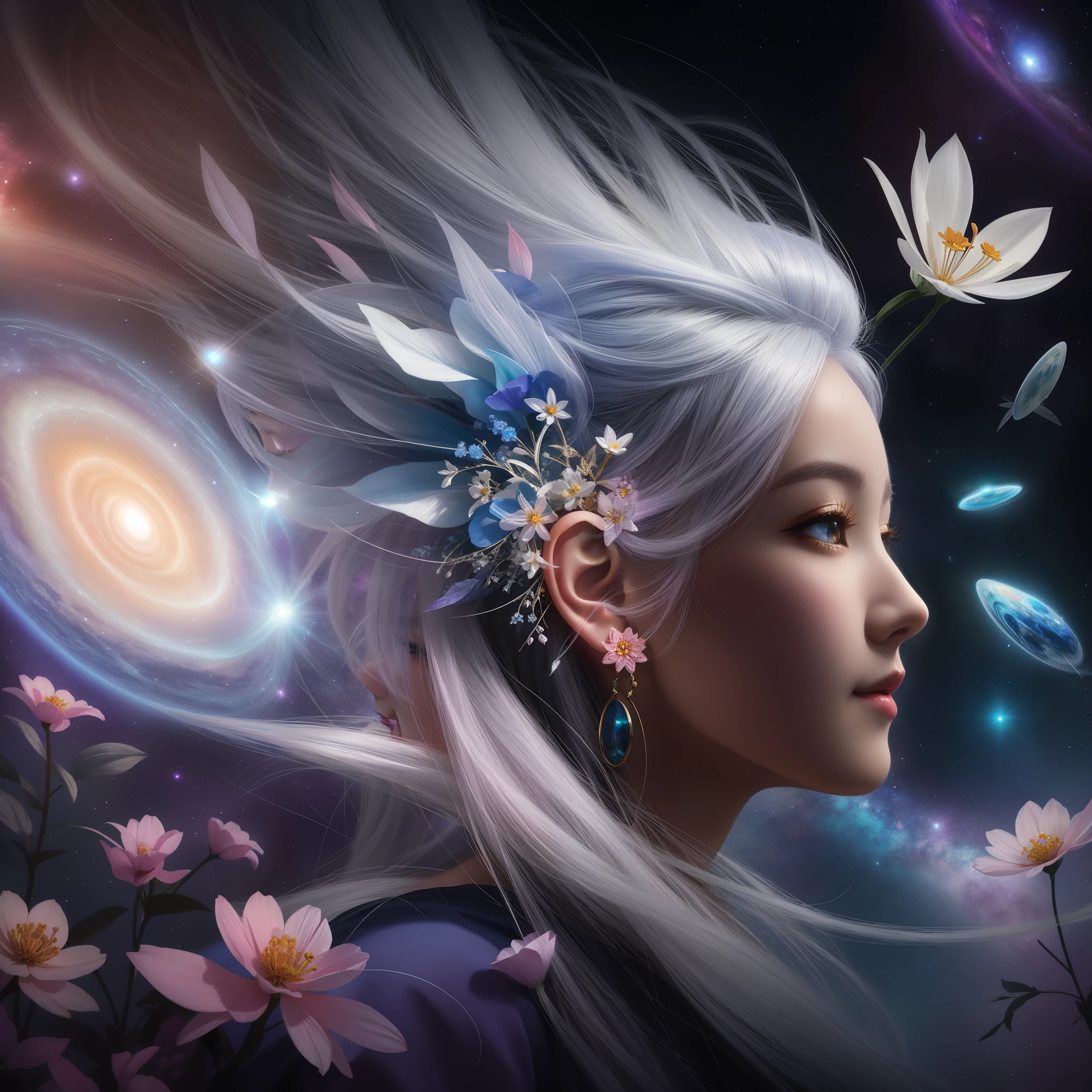 Asian, her beautiful eyes, wide opened, smiling, happy. painting of a woman with white hair and flowers in her hair, anime girl with cosmic hair, beautiful fantasy art portrait, in the astral plane ) ) ), beautiful fantasy portrait, dreamlike digital painting, a beautiful artwork illustration, portrait of a cosmic entity, beautiful young wind spirit, astral ethereal, cyborg goddess in cosmos, fantasy art portrait, elven spirit in space, joyous, lens flares and bokeh