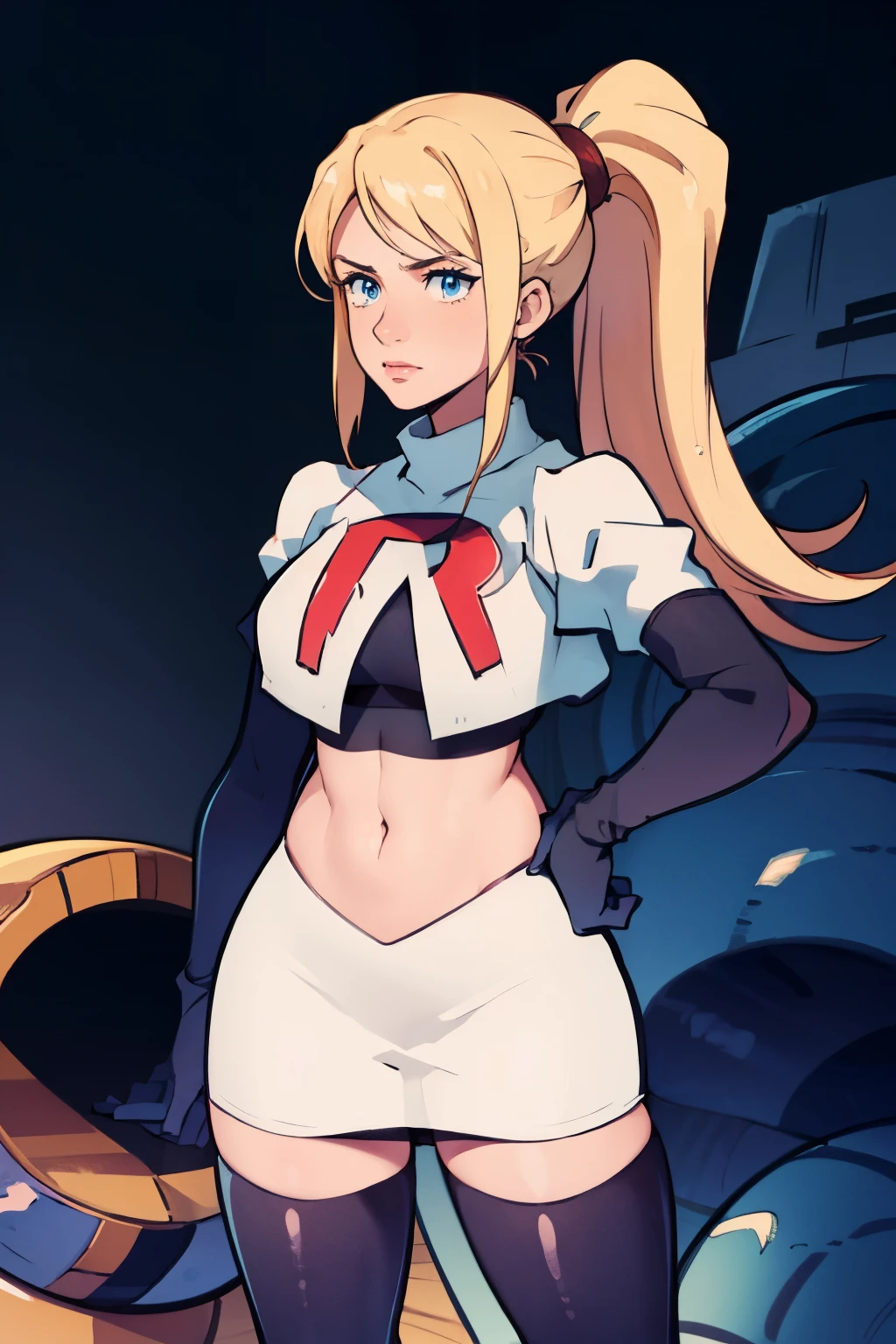 samus aran, ponytail, hair tie, team rocket, team rocket uniform, red letter R, white skirt, white crop top, black thigh-highs, black elbow gloves, spaceship background