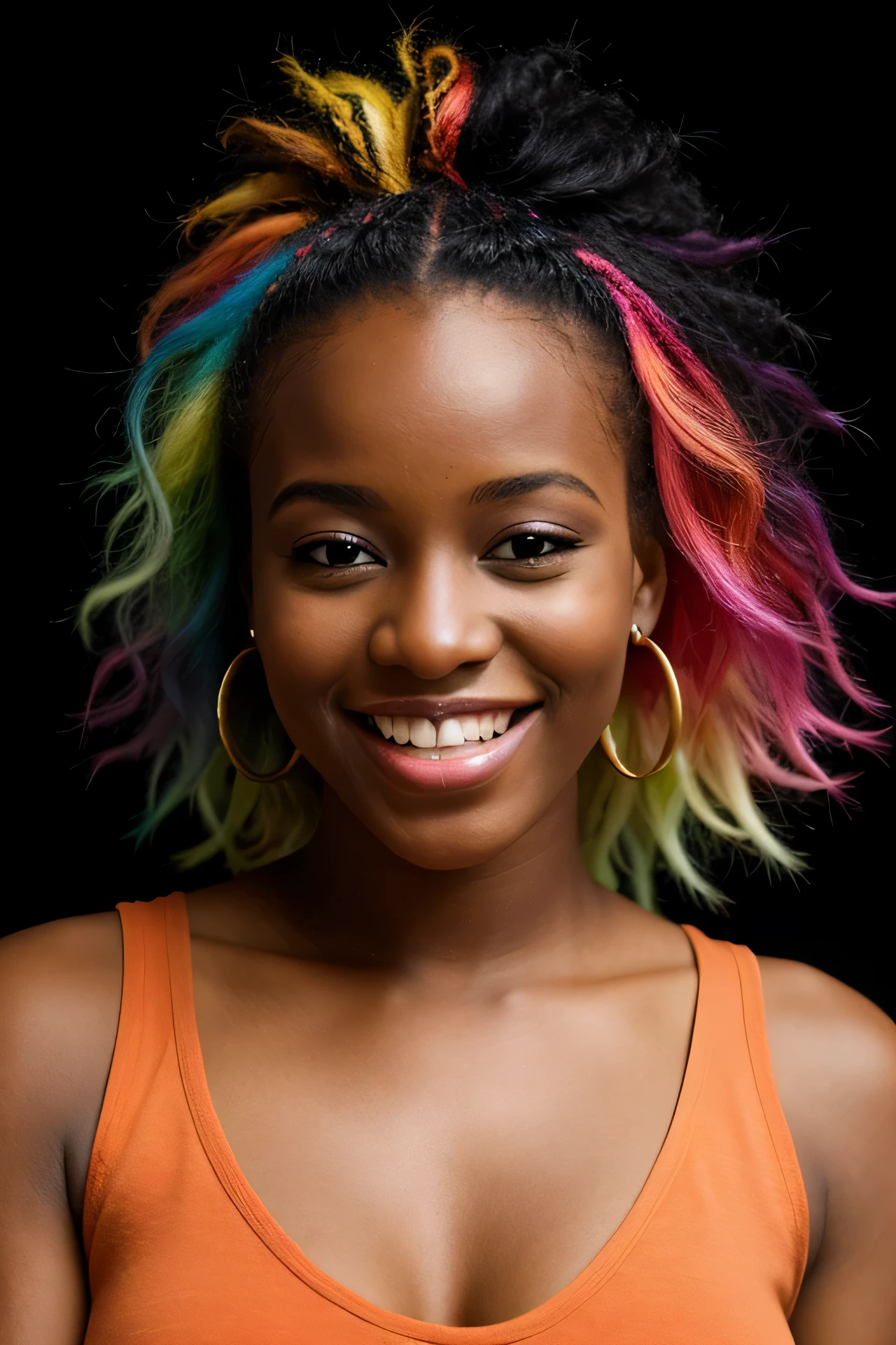 20yo african woman, laughing, rainbow colored hair, black background,