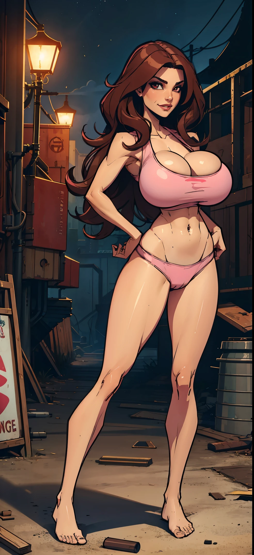 1woman, wavy brown hair, Red Eyes, Sly face , smirk , white tank tops , Pink panties , tummy, large boobs, elongated legs , stand on your hips... , barefoot , Abandoned factory, nighttime