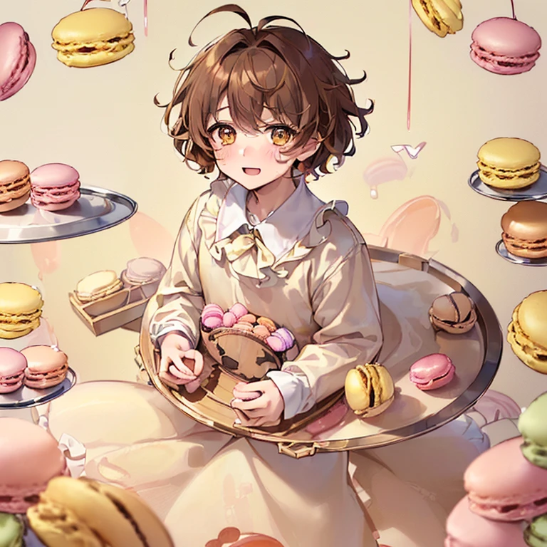 ((1Male)、((19 years old)、((high quality)、(Honey eyes)、(Light brown hair with messy hair.)、(pale skin with blush on the cheeks))、bakery suit、 ((very happy and adorable look)、((short hair)、holding a tray with macarons of different cute colors