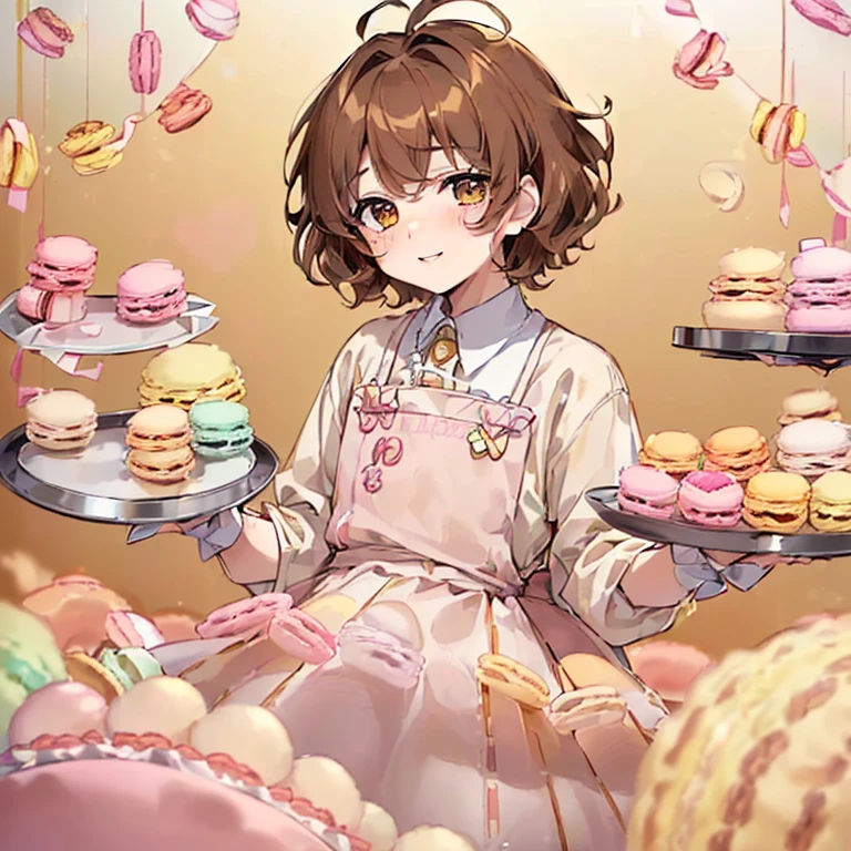 ((1Male)、((19 years old)、((high quality)、(Honey eyes)、(Light brown hair with messy hair.)、(pale skin with blush on the cheeks))、bakery suit、 ((very happy and adorable look)、((short hair)、holding a tray with macarons of different cute colors