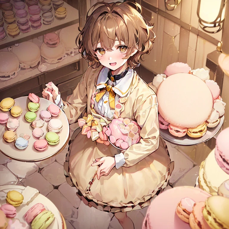 ((1Male)、((19 years old)、((high quality)、(Honey eyes)、(Light brown hair with messy hair.)、(pale skin with blush on the cheeks))、bakery suit、 ((very happy and adorable look)、((short hair)、holding a tray with macarons of different cute colors