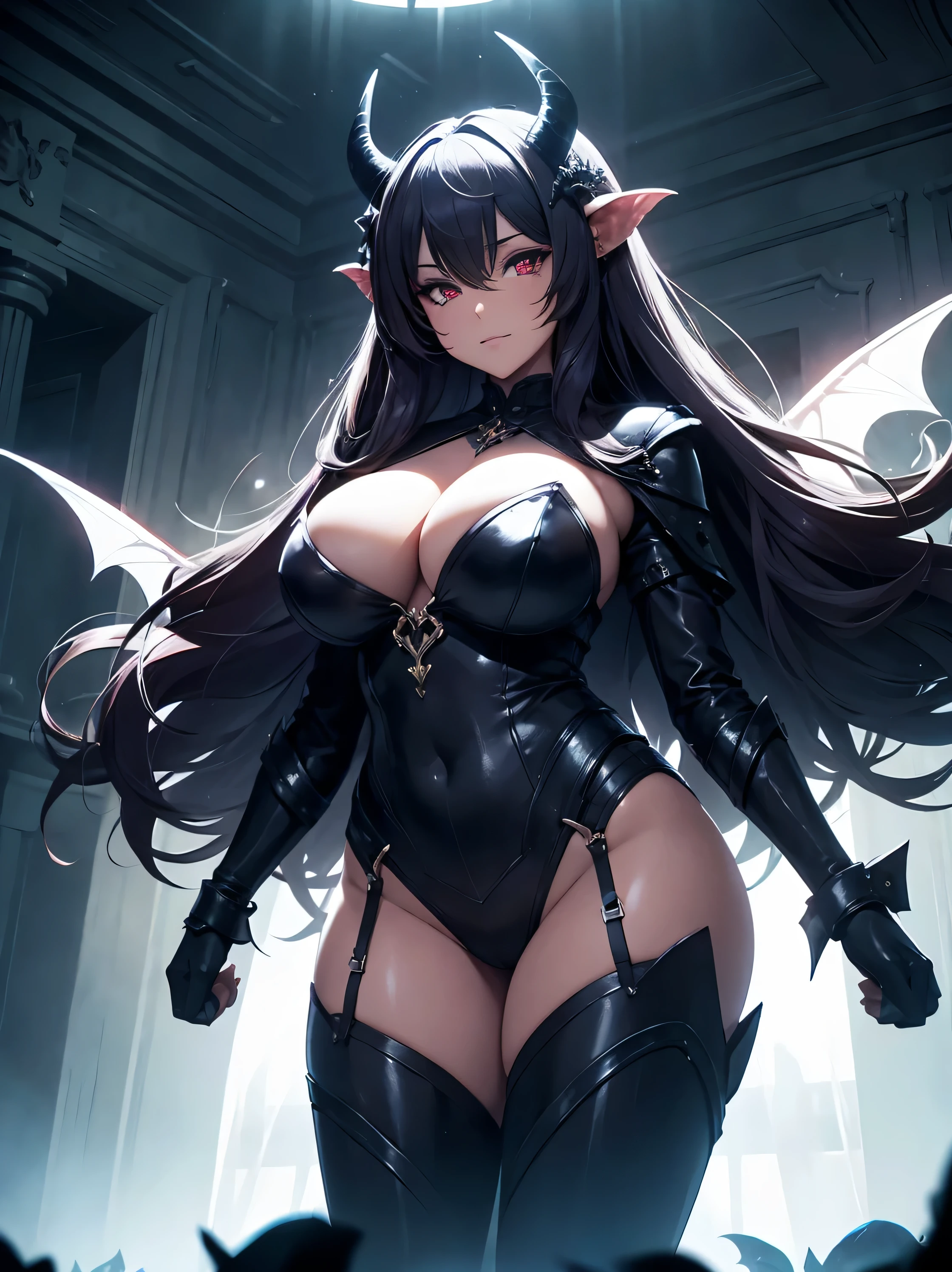 Fantasy, night, 4k, high detailed, Cinematic scene and lighting, a voluptuous succubus with horns and curvy body, in the wide dark stone hall, heavy Iron chains, flying high in the air, evil smirk, showing teeth, light shines from behind the succubus, illuminating her Silhouette, red eyes, full body is visible, shot from below, wide angle lens pointed up