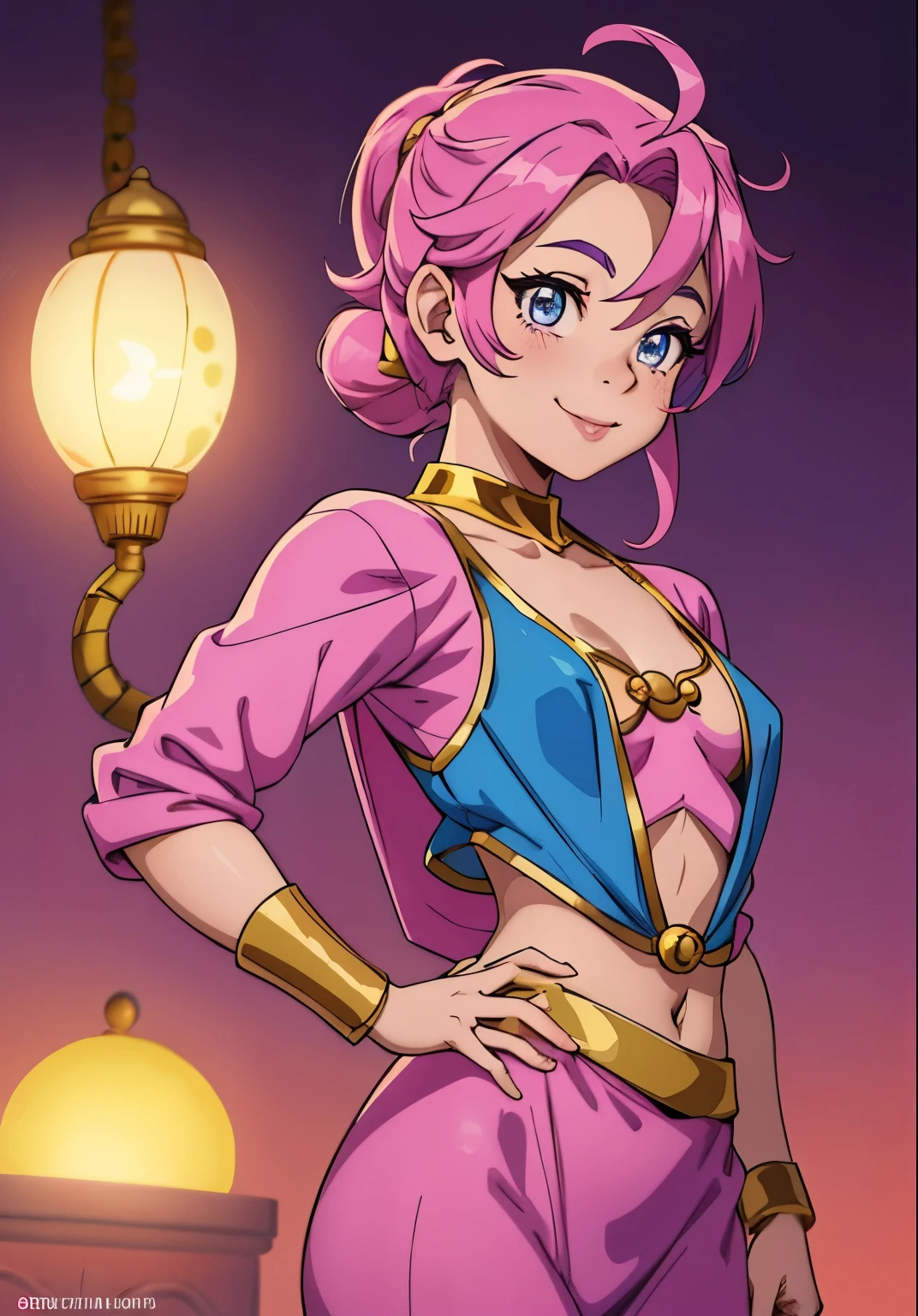 one person, cute girl, Genie of the lamp, Inspired by the genie of the magic lamp in the movie Aladdin, Beautiful eyes, pink clothes, tied hair, beautiful smile