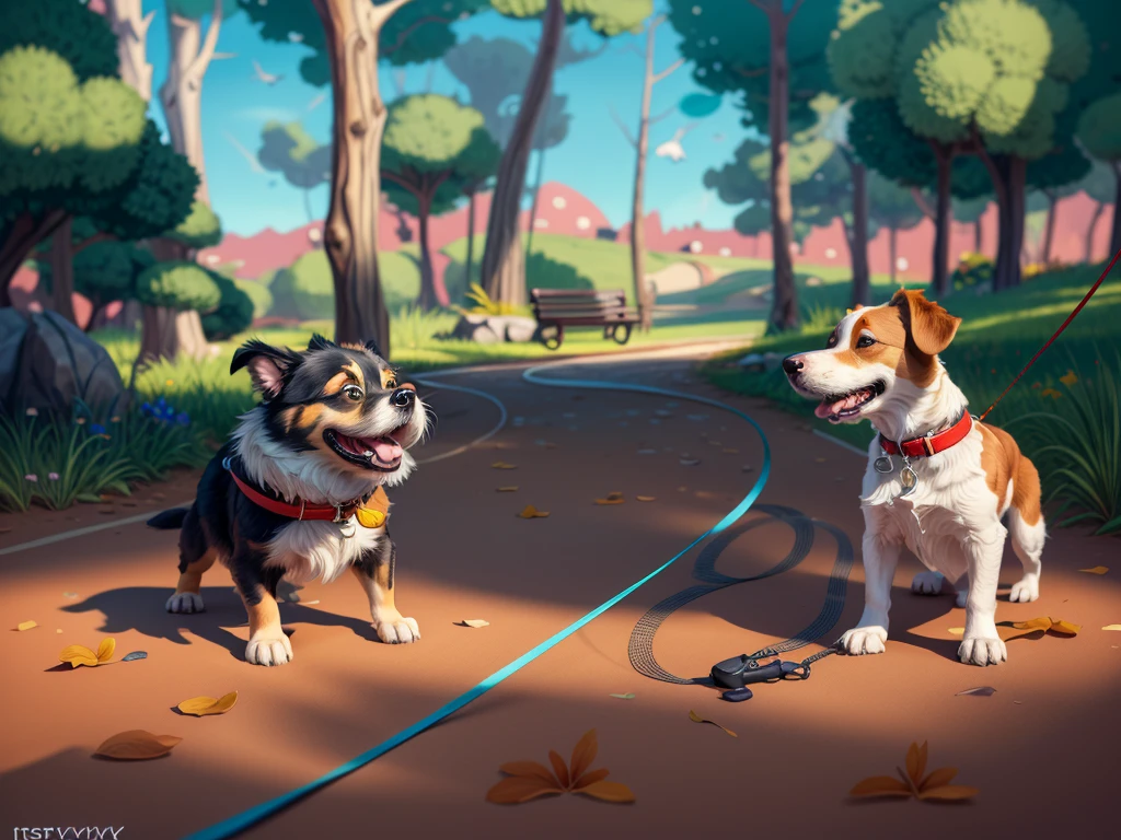 cartoon drawing of two dogs on a leash in a park, animated disney movie inking, published concept art, stylized linework, whole page illustration, by Istvan Banyai, concept art for a video game, by Maksimilijan Vanka, colorkey scene, cartoon concept art