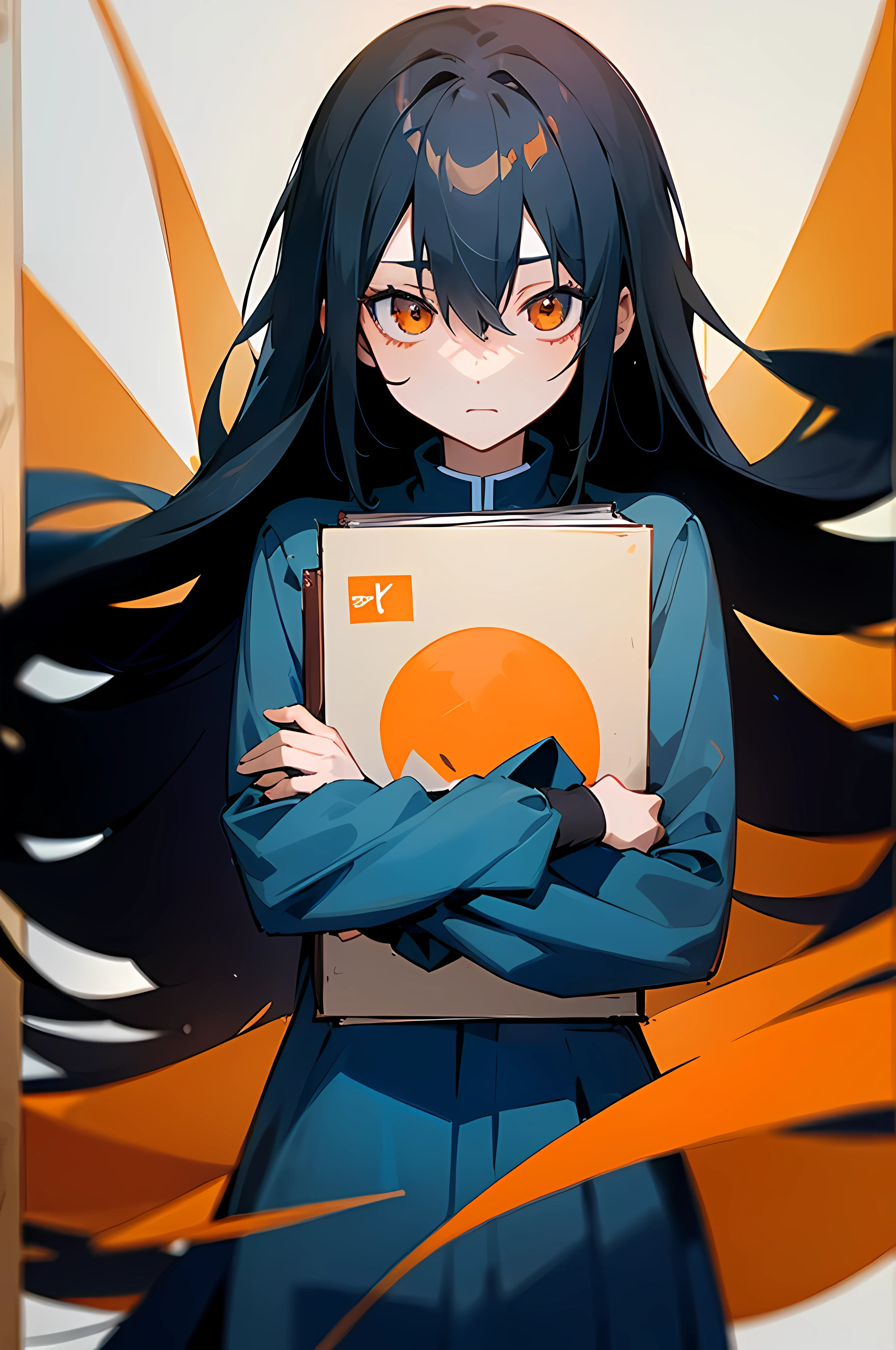 (8K Ultra High-Quality) (Masterpieces) (Image) (人物: Rimuru) 1 Girl, Long Black hair, Orange eyes colors, wearing British student Uniform, holding book, wearing long Jean, shy expression, looking at viewer.