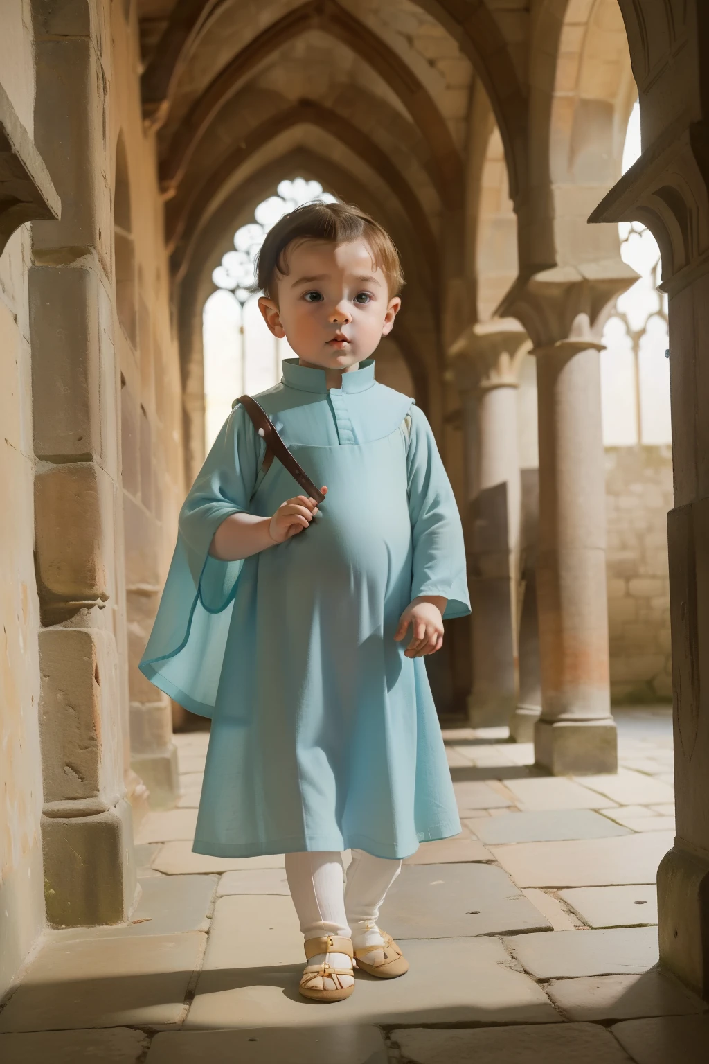 1137, Kingsbridge, England. otherworldly scene in a medieval cloister, ((((1--old)aby boing his first steps, ((((poor plain tunic from the 12th century)))), ((Hairstyle of the 12th century)), ((Wes Anderson cinematic style)), colorful