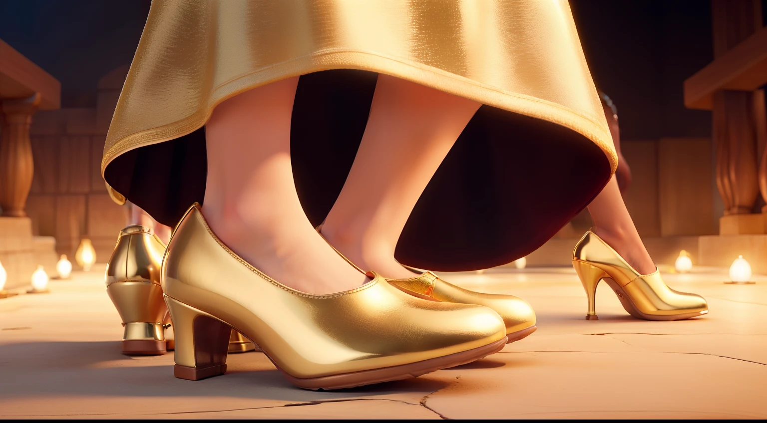 "There is a large female foot trying to fit into a golden evening shoe."
