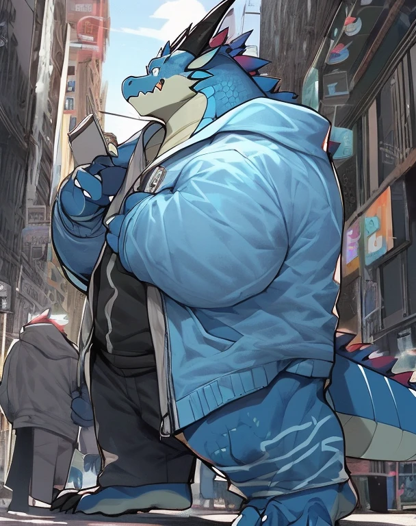 nj5furry, dragon, Stand, hoodie suite, street city, male, cool, blue fur, blue body,fat body