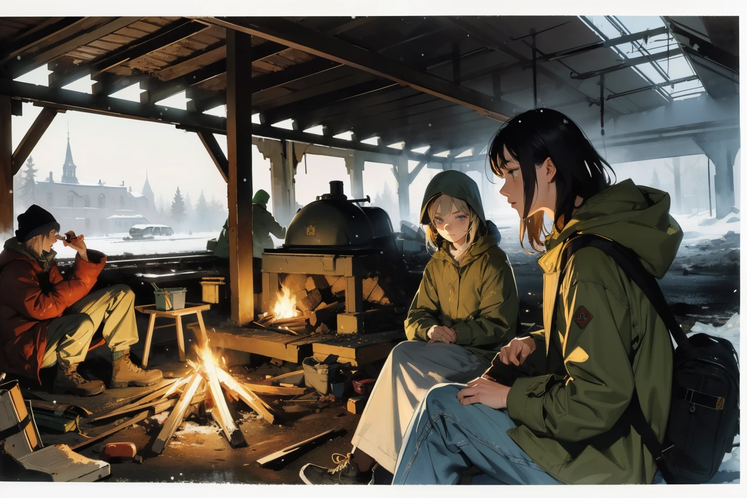 masterpiece, best quality, 2girls, (closeup), (capmfire), 18yo , slim, small breast, sitting on floor, around the campfire, sad, tired, dirty face, green raincoat, hoods on, goggles on head, (backpacks), military pants, train station, abandoned trains, desolate, ruins, night, dark, heavy snowhall, (snowfall:1.1), snow, winter, dirt, grey, watercolor