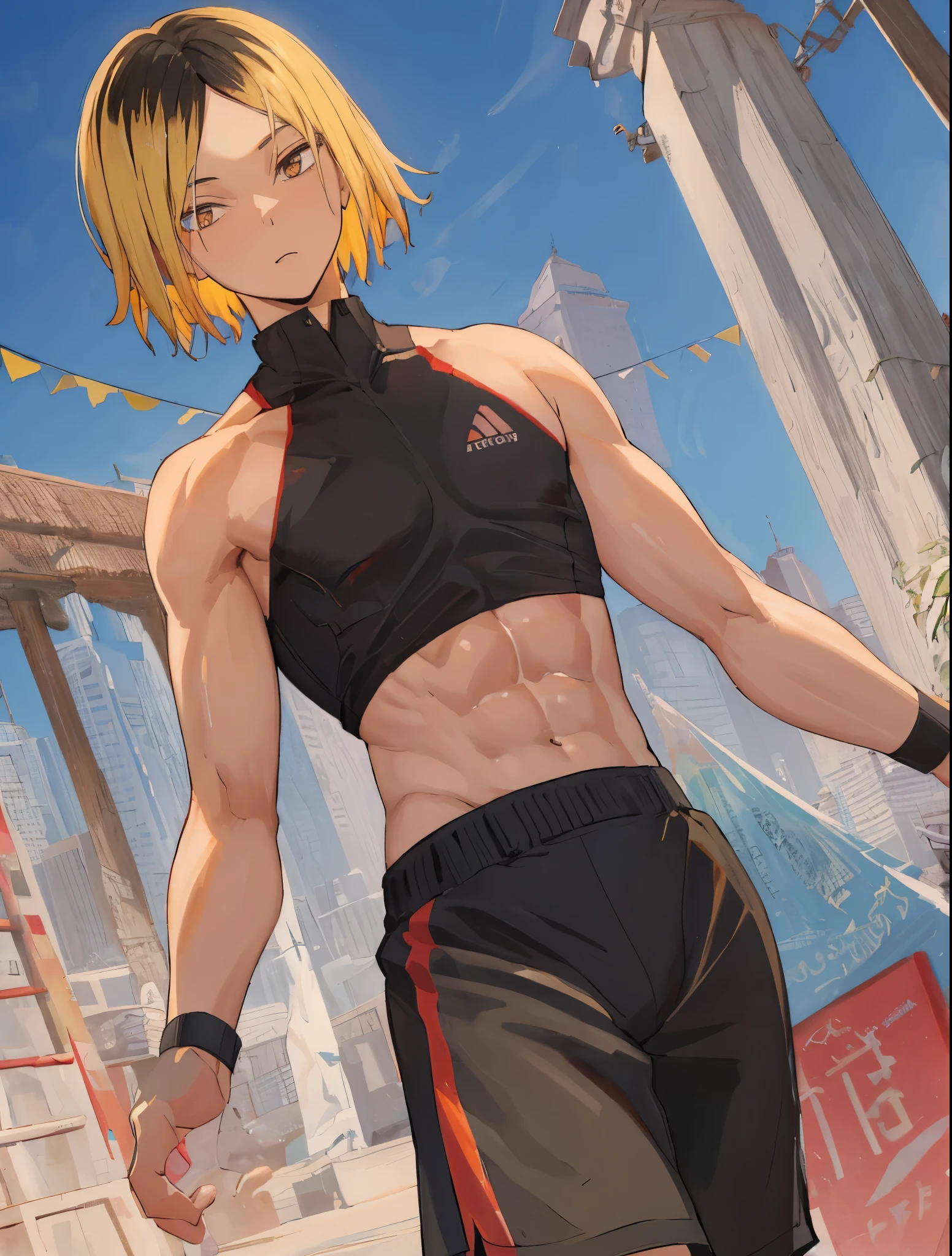 1boy, (Masterpiece, Top Quality, Best Quality), upper-body, blonde hair, black hair, multi-colored hair, очень Tall stature, Tall stature, forehead, toned abs, abs cubes, (Sports shorts, naked torso: 1.1), 独奏, exterior, Park, Walking, blue skies, sakura trees, male focus, 8K,