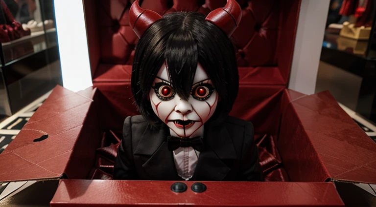 creepy demonic puppet in present box in mall display