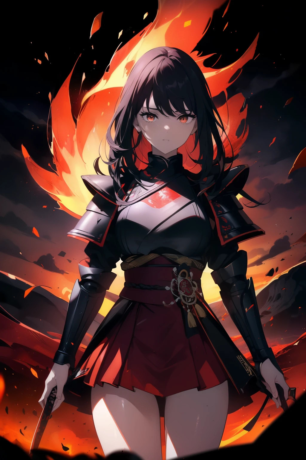((((Obra maestra, La mejor calidad, ultrahigh resolution)))), 1girl, happy, ((((standing, wearing red samurai armor, plate armour)))), (black hair, dark black hair over eye:1), long hair cut, pale skin, ((brown eyes)), (glowing_eyes), (ultra detailed eyes:0.7, beautiful and detailed face, detailed eyes:0.9), ((centered)), ((over joyed expression)), ((wide shot)), facing viewer, (((outdoors, purple and black lights, black dancing silhouettes:0.9))), medium breasts, looking at viewer, ((half closed eyes)), ((perfect hands)), (((head:1, arms, hips in view, elbows, thighs, in view))), ((hands at sides)), lively eyes, beautiful lighting, outside, outdoors, background, defined subject, 25 years old, (head tilt), (((cool))), ((lively)), (((wave of fire, flames)))