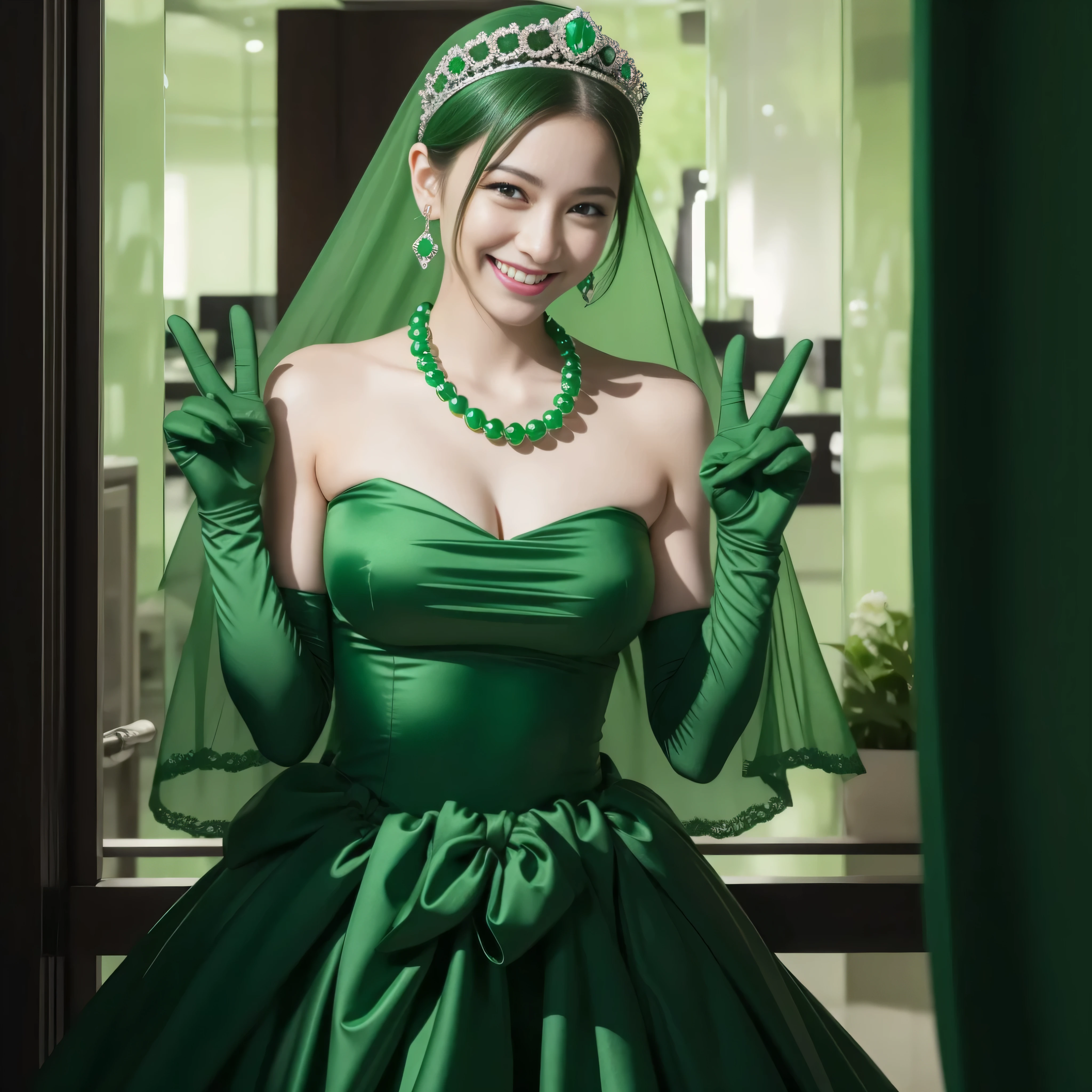 emerald tiara, Green Pearl Necklace, Boyish very short green hair, lipsticks, Japan woman smiling, very short short hair, big breasts beautiful, Green eyes, Long green gloves made of satin material, Green eyes, Emerald Earrings, green vale, v sign