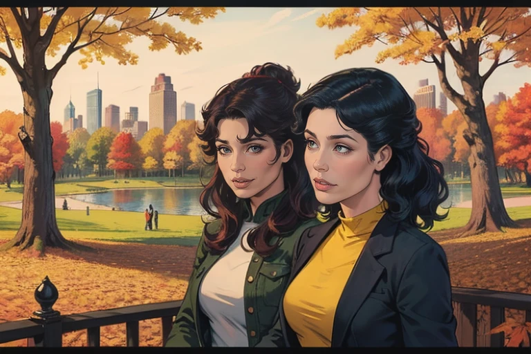 2 girls, best friends, Chinese girl and Indian girl, background: central park in autumn, trees and leaves falling