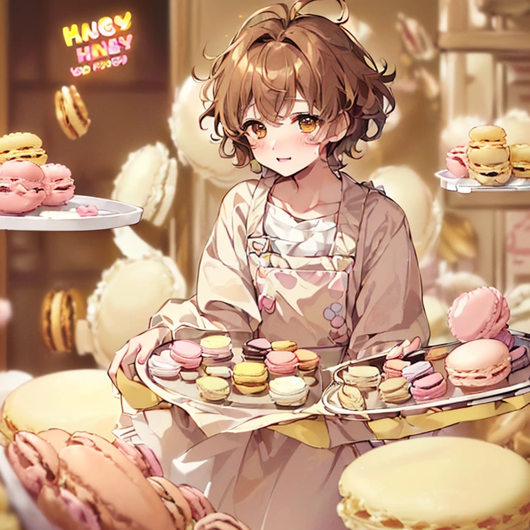 ((1Male)、((19 years old)、((high quality)、(Honey eyes)、(Light brown hair with messy hair.)、(pale skin with blush on the cheeks))、bakery suit、 ((very happy and adorable look)、((short hair)、holding a tray with macarons of different cute colors. ((Male gender)