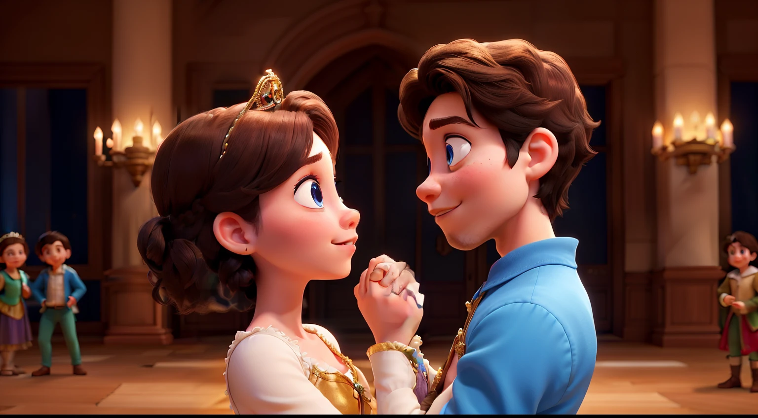 It's a Renaissance dance party, the hall is lit, and the couples dance joyfully. The prince and the princess gaze into each other's eyes, the image is in profile, and their noses touch. The princess has dark hair and blue eyes, the prince has dark hair and blue eyes.