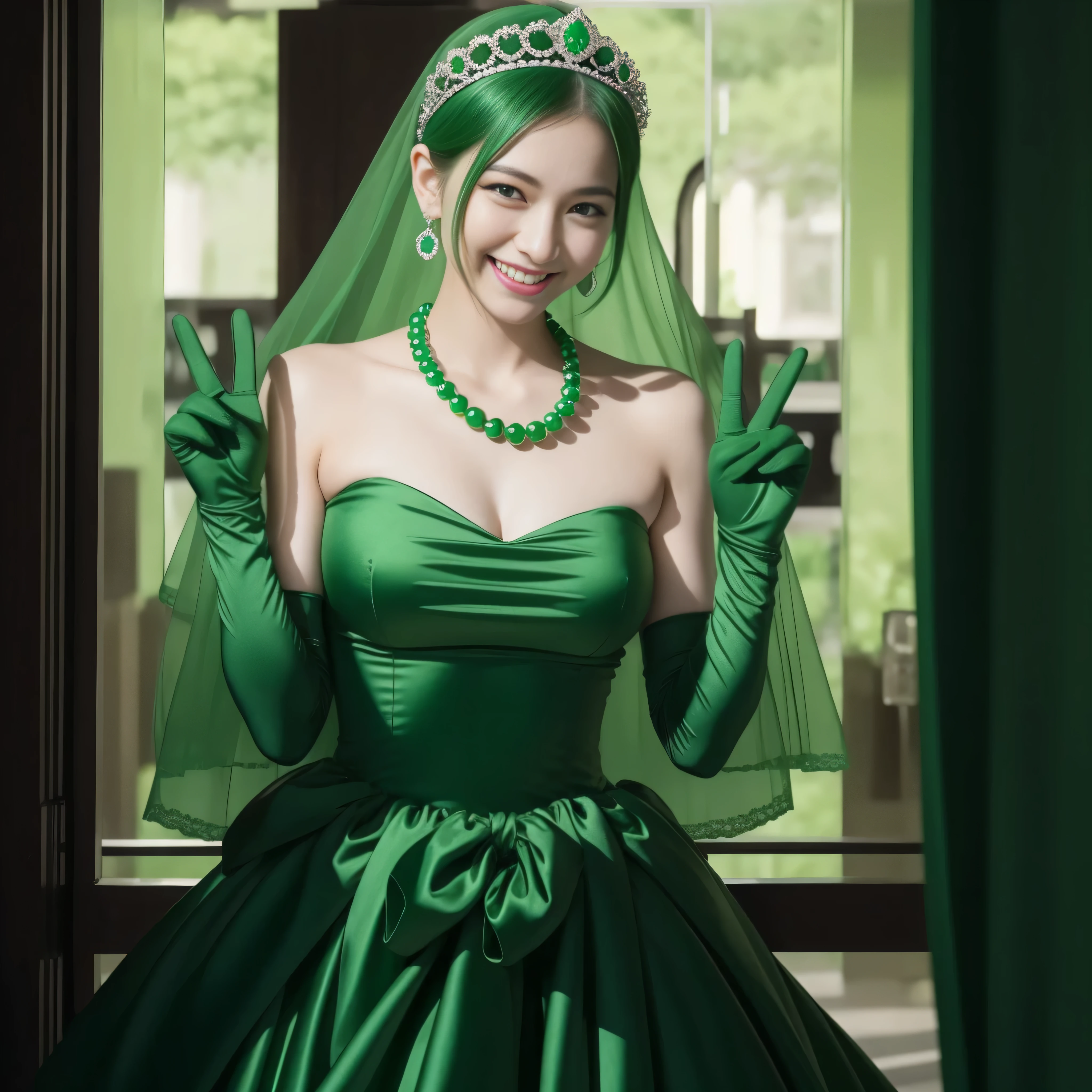 emerald tiara, Green Pearl Necklace, Boyish very short green hair, lipsticks, Japan woman smiling, very short short hair, big breasts beautiful, Green eyes, Long green gloves made of satin material, Green eyes, Emerald Earrings, green vale, v sign