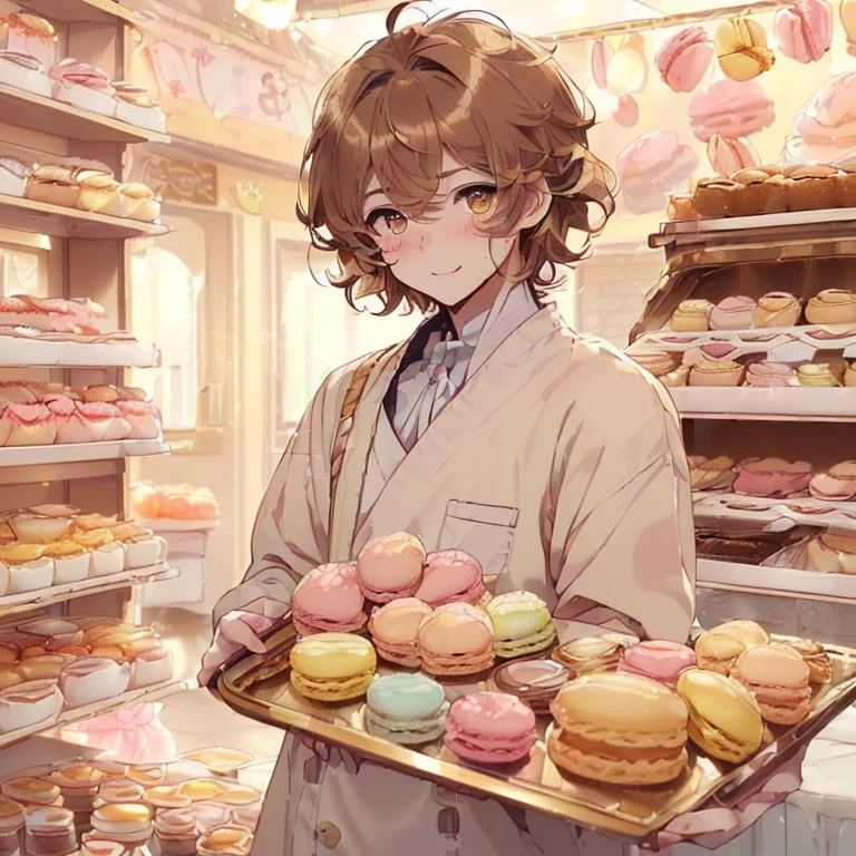 ((1Male)、((19 years old)、((high quality)、(Honey eyes)、(Light brown hair with messy hair.)、(pale skin with blush on the cheeks))、bakery suit、 ((very happy and adorable look)、((short hair)、holding a tray with macarons of different cute colors. ((Male gender)