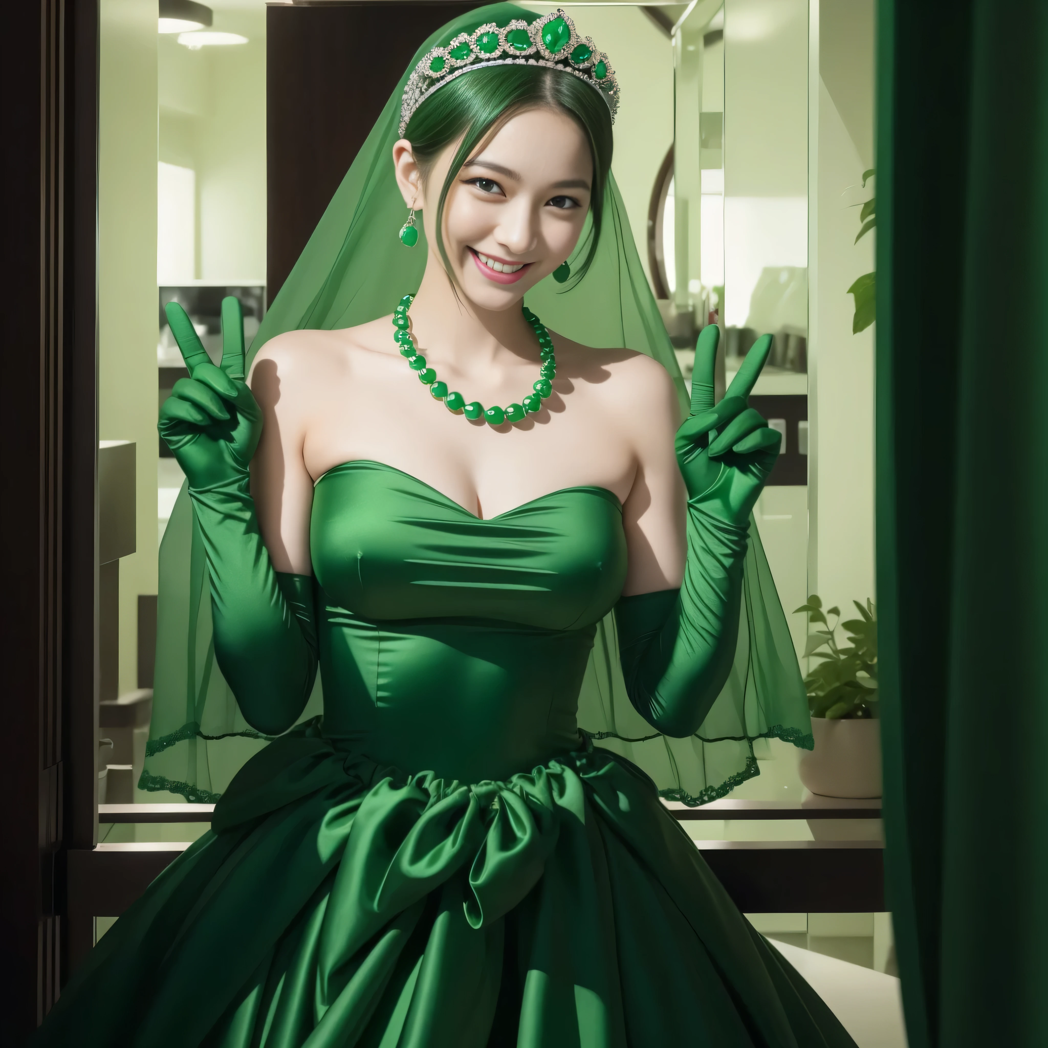 emerald tiara, Green Pearl Necklace, Boyish very short green hair, lipsticks, Japan woman smiling, very short short hair, big breasts beautiful, Green eyes, Long green gloves made of satin material, Green eyes, Emerald Earrings, green vale, v sign