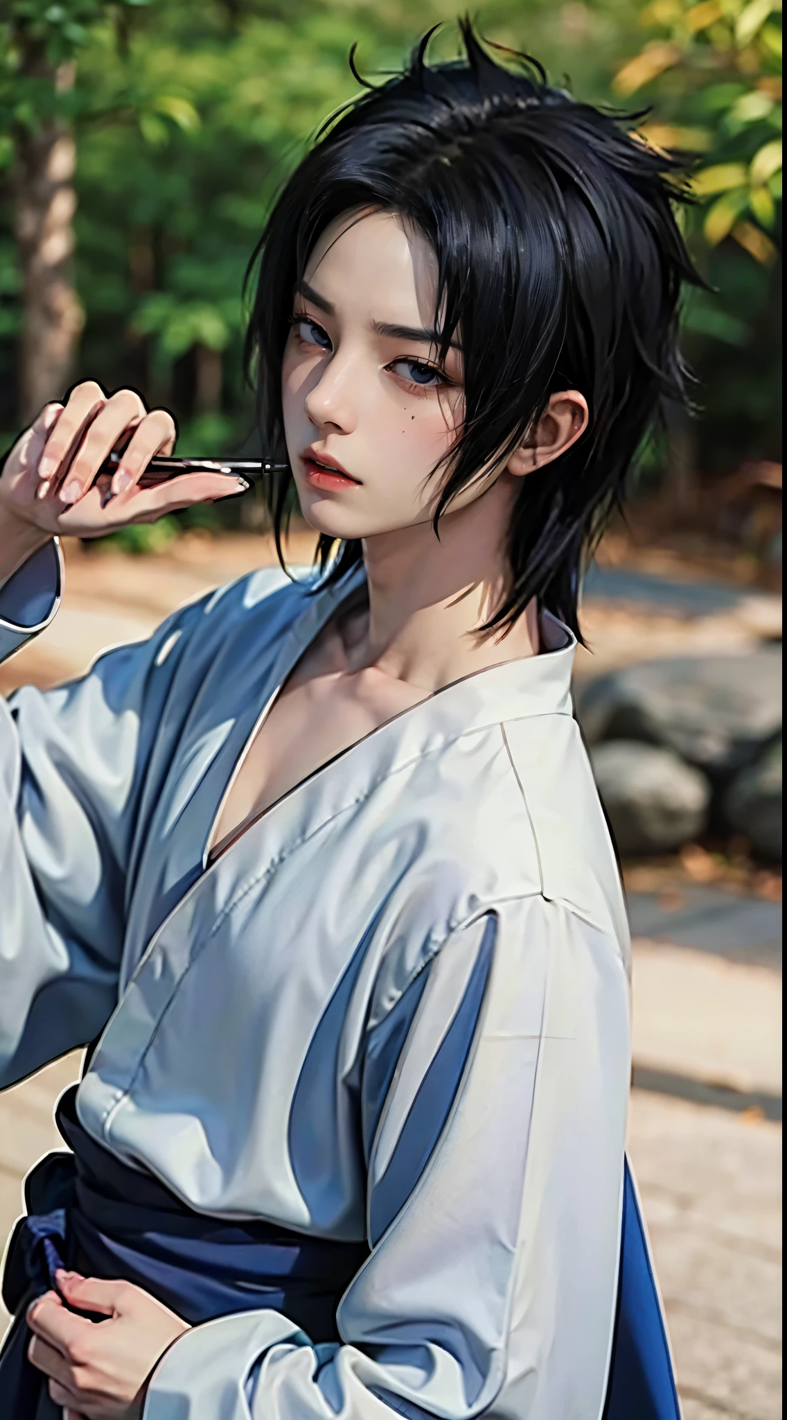 ((4K works))、masterpiece、(top-quality)、((high-level image quality))、((One Manly Boy))、Slim body、((Uchiha Sasuke's Cosplay))、((uchiha sasuke))、((Cosplay))、(Detailed beautiful eyes)、((Smaller face))、((Neutral face))、((18year old))、((Handsome man))、((photo of a model))、((Like a celebrity))、Professional Photos、((Shot alone))、((shot from a side angle))