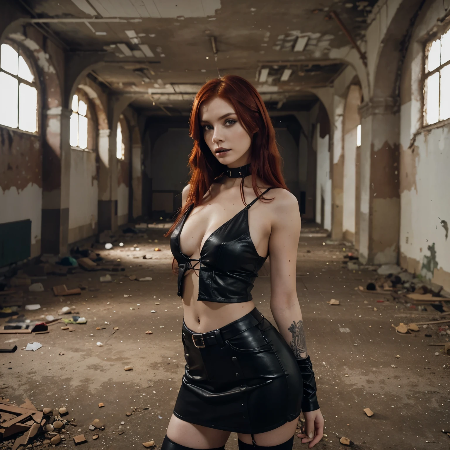 red hair, modelling, perfect body perfect face, wearing goth outfit, in an abandoned building, extremely detailled, 4k