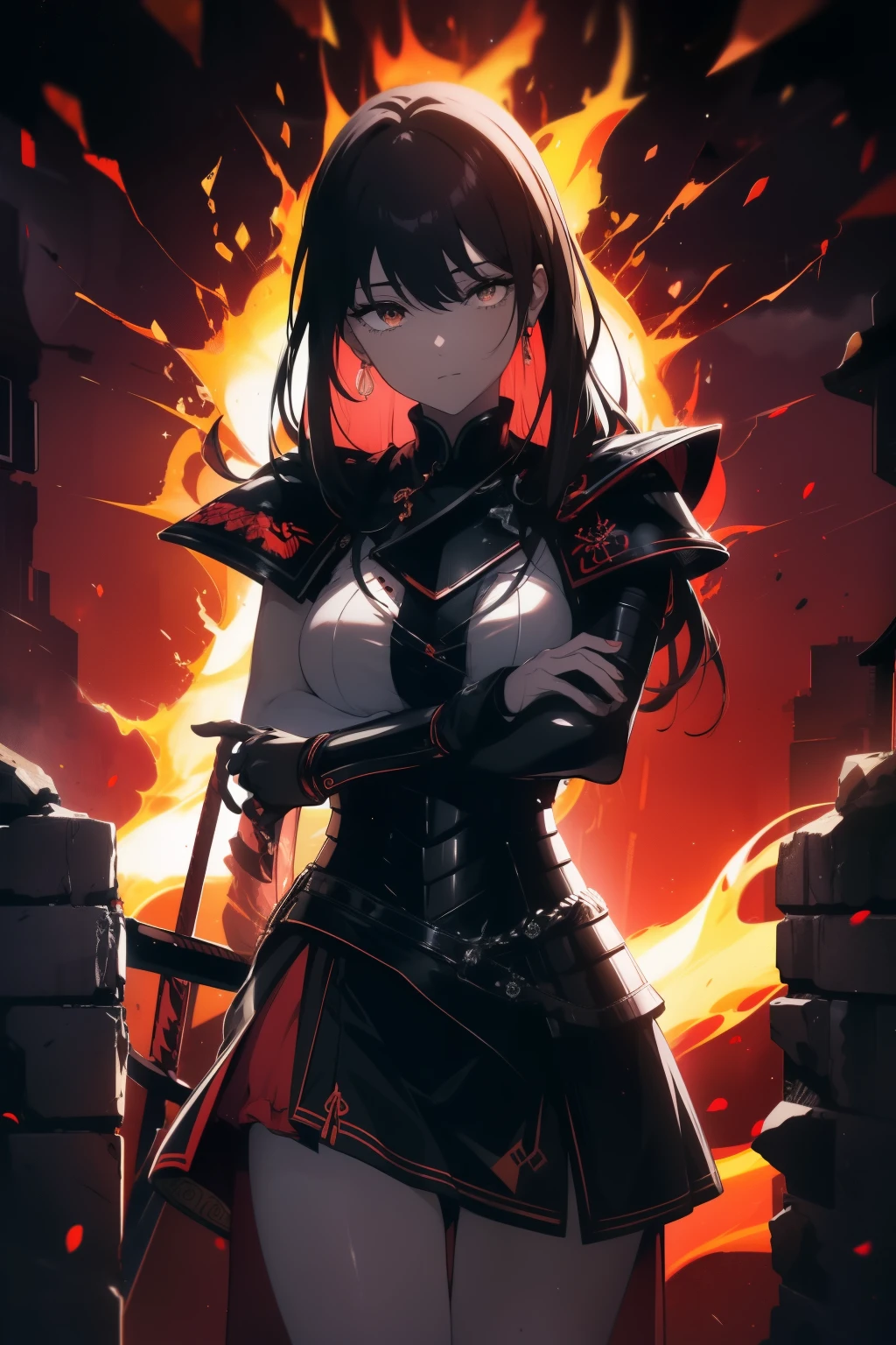 ((((Obra maestra, La mejor calidad, ultrahigh resolution)))), 1girl, happy, ((((standing, wearing red samurai armor, plate armour)))), (black hair, dark black hair over eye:1), long hair cut, pale skin, ((brown eyes)), (glowing_eyes), (ultra detailed eyes:0.7, beautiful and detailed face, detailed eyes:0.9), ((centered)), ((over joyed expression)), ((wide shot)), facing viewer, (((outdoors, purple and black lights, black dancing silhouettes:0.9))), medium breasts, looking at viewer, ((half closed eyes)), ((perfect hands)), (((head:1, arms, hips in view, elbows, thighs, in view))), ((hands at sides)), lively eyes, beautiful lighting, outside, outdoors, background, defined subject, 25 years old, (head tilt), (((cool))), ((lively)), (((wave of fire, flames)))