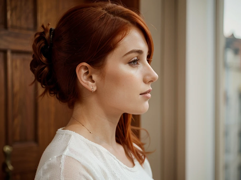 mulher europeia, 25 anos, profile position, alegre, background branco, medium red hair