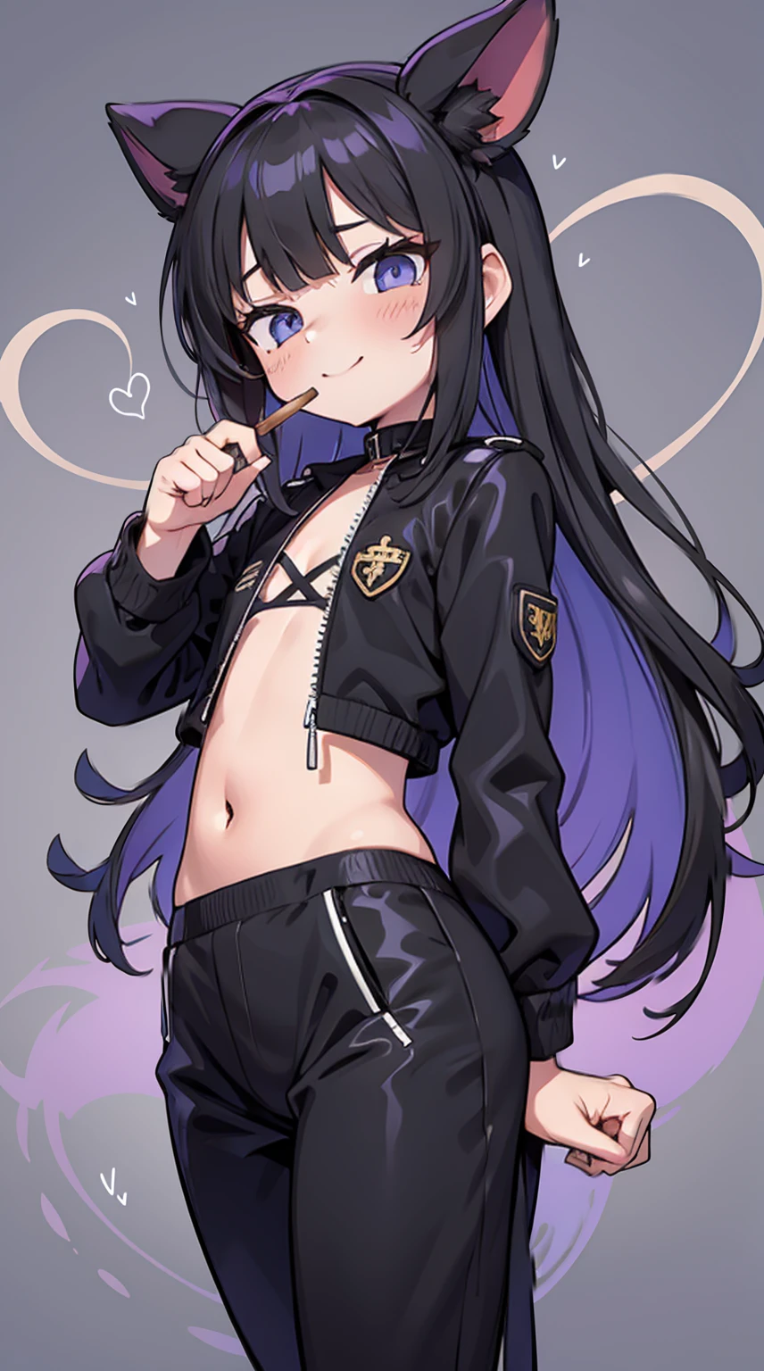 Rapariga, cabelo preto curto, olhos violetas, Sorriso, Jaqueta de couro preta com espinhos, barriga aberta, Slacks, correntes nas roupas, cicatriz no rosto, cigarro, smoke billowing, Hiqualidade, 4k, disco Rigido, bom detalhe
