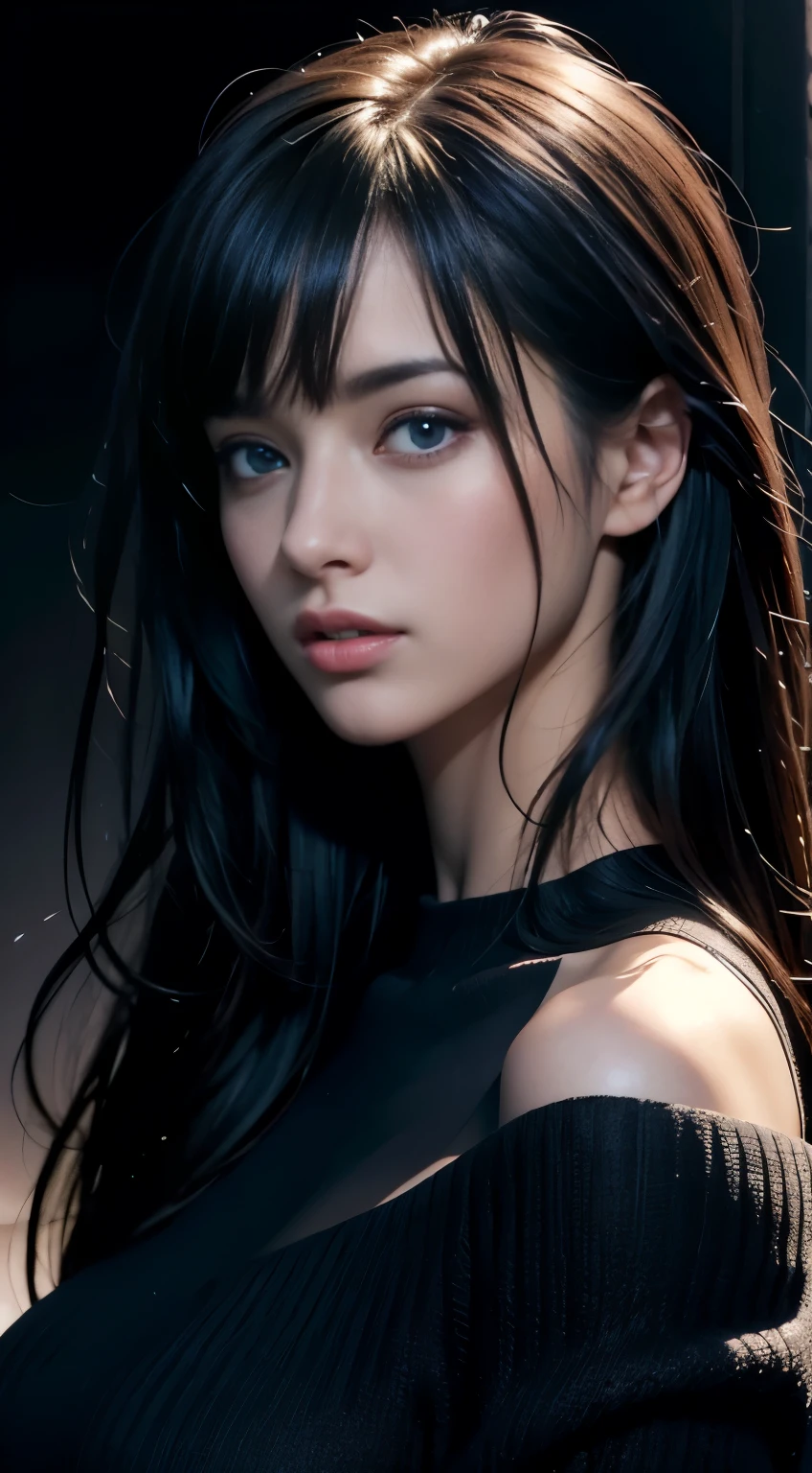 ultra high res, masterpiece, best quality, perfect glossy shiny skins, perfect lighting, detailed lighting, dramatic shadows, ray tracing, blue Eyes, sharp face, sharp eyes, long bangs, open mouse,