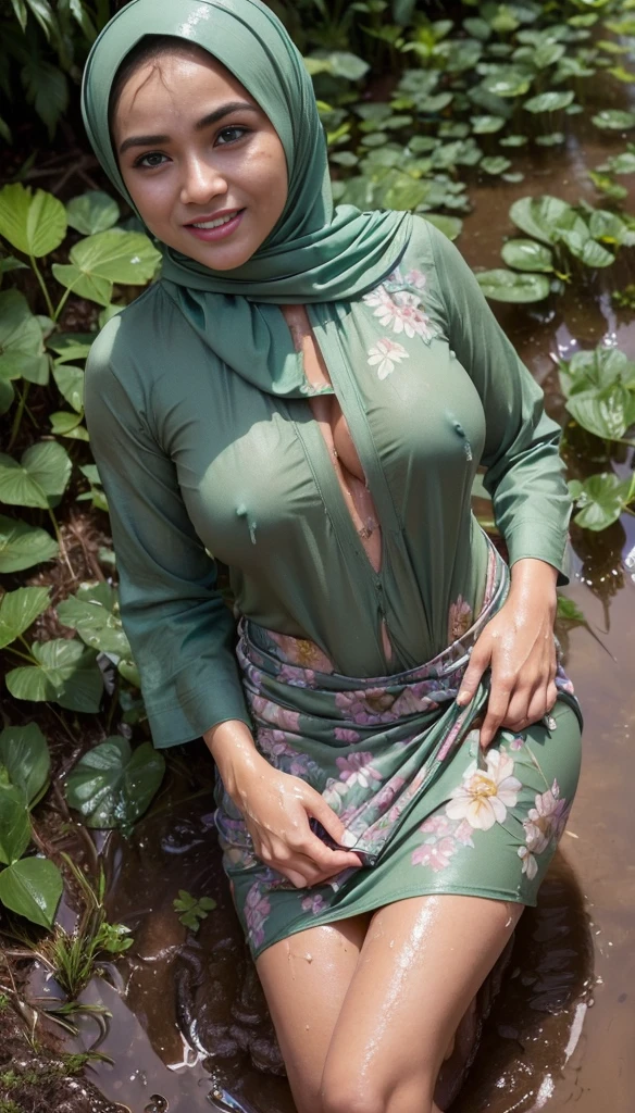 RAW, Best quality, high resolution, Masterpiece: 1.3), Beautiful Malay woman in hijab, Masterpiece, plump body, Beautiful big eyes, perfect make up, Watery eyes, perfect nose, Soft smile, Wet lips, Big breasts, ((Wearing a thin light green Malay shirt that tight floral patterned, batik, covered hijab)),sitting position on muddy rice paddy field, (( spilled mud on full body)),((mud on face)), muddy rice field, rice field background, ,(big boog breasts, , (cleavage),(characters play),looking to camera, smiling,( long black hair),(perfect fingers),(perfect blue eyes),masterpiece collection,seductive random pose,(full body closeup camera view),high resolution, highly detailed, NSFW, SFW, (up skirt:1.5), (showing pussy with pubic hair:1.6), wet face with semen, sexy seducing poses, view from above. Dirty clothes covered in dirt