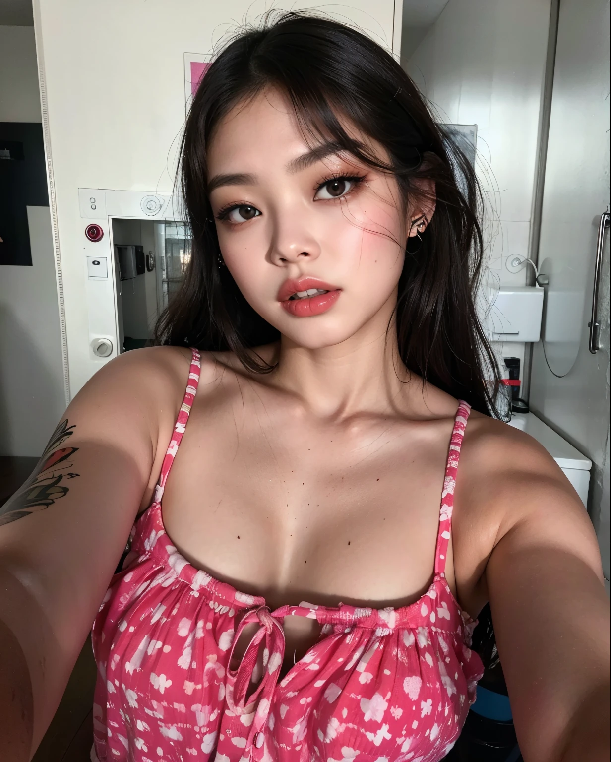 há jennie with a pink top posing for a photo, seu rosto ruborizado e suor, selfie de uma jovem mulher, Violeta Myers, sem maquiagem, usando uma camiseta regata de corte baixo, ela tem um brilho vindo dela, ela tem cerca de 20 anos, ela tem cerca de 2 0 anos, brilhante, ela tem cerca de 1 6 anos de idade, dia quente, jennie blackpink