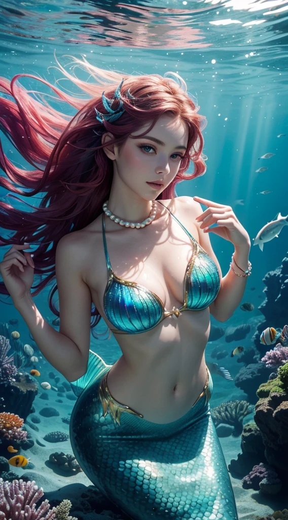 An 8K image of a stunning mermaid gracefully reclining on an underwater rock in a lush marine setting. The mermaid has a long and elegant tail that extends smoothly, displaying iridescent patterns reflecting the sunlight filtering through the waves. The tail is adorned with intricate details, such as shimmering scales that capture the essence of marine life.
The mermaid's long, flowing hair cascades around her like a luminous waterfall, featuring a blend of colors reminiscent of the deep ocean. Pearls and shells embellish her hair, creating a majestic and celestial appearance. The mermaid's face is delicately sculpted, revealing deep and expressive eyes that exude an ethereal beauty.
Surrounded by enchanting marine creatures, such as colorful tropical fish and delicate jellyfish hovering in the aquatic environment, the mermaid is bathed in filtered light, creating interplays of shadows and highlights that accentuate her radiant beauty and the marine surroundings.
This captivating and detailed 8K image offers a stunning glimpse of a mermaid embodying the magical beauty and grace of the deep ocean.
