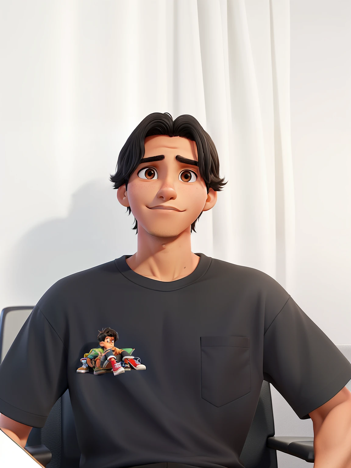 a seventeen-year-old Brazilian man with medium-length black hair, brown eyes, a trainer's body, a black shirt without a print, sitting in a chair in a studio with a dark background. Straight posture, looking straight ahead.