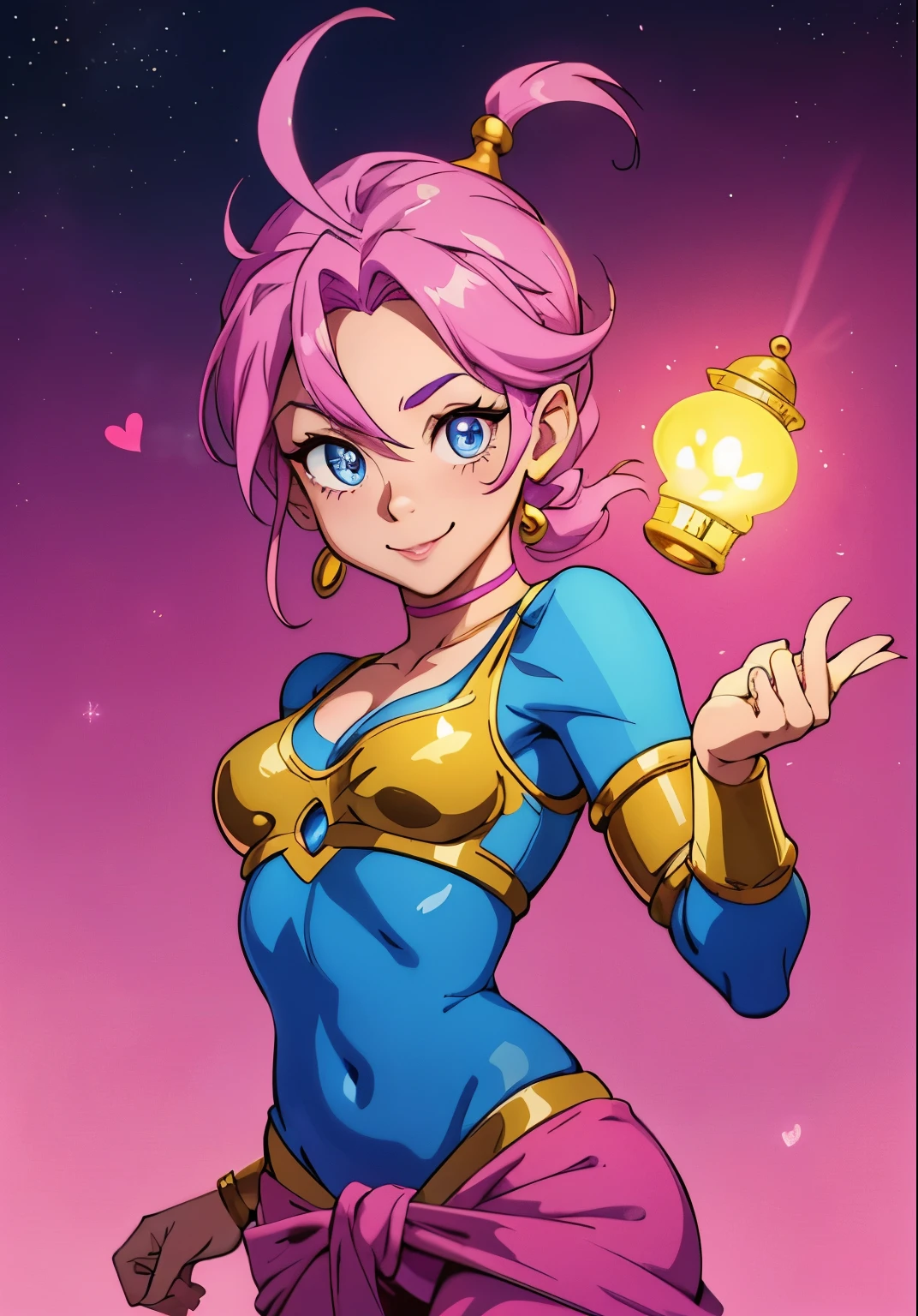one person, cute girl, Genie of the lamp, Inspired by the genie of the magic lamp in the movie Aladdin, Beautiful eyes, pink clothes, tied hair, beautiful smile, steam