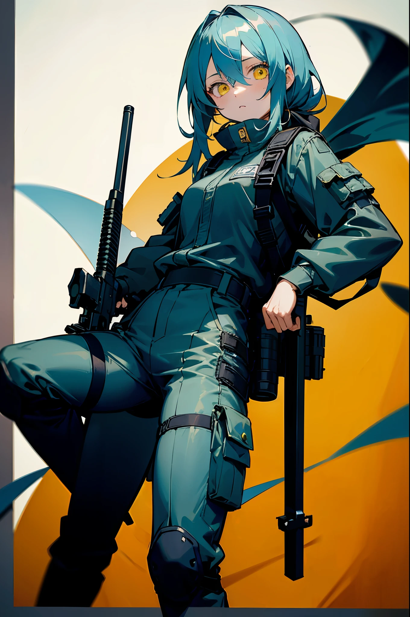 (8K Ultra High-Quality) (Masterpieces) (Image) (人物: Rimuru) 1 Girl, Yellow eyes colors, wearing Navy Seal Uniform, tactical Jacket, tactical Jean, wearing Tactical Helmet with Goggle raise up, carrying backpack, wearing Pistol holster, stare at viewer.